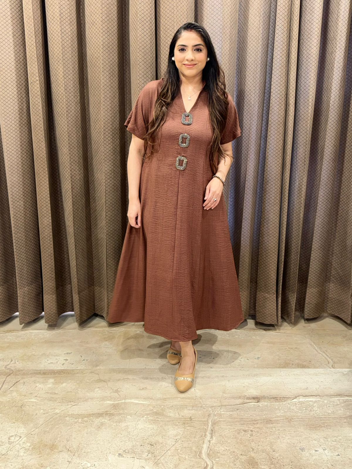 Smart Brown Midi dress with Handwork button detailing & pockets