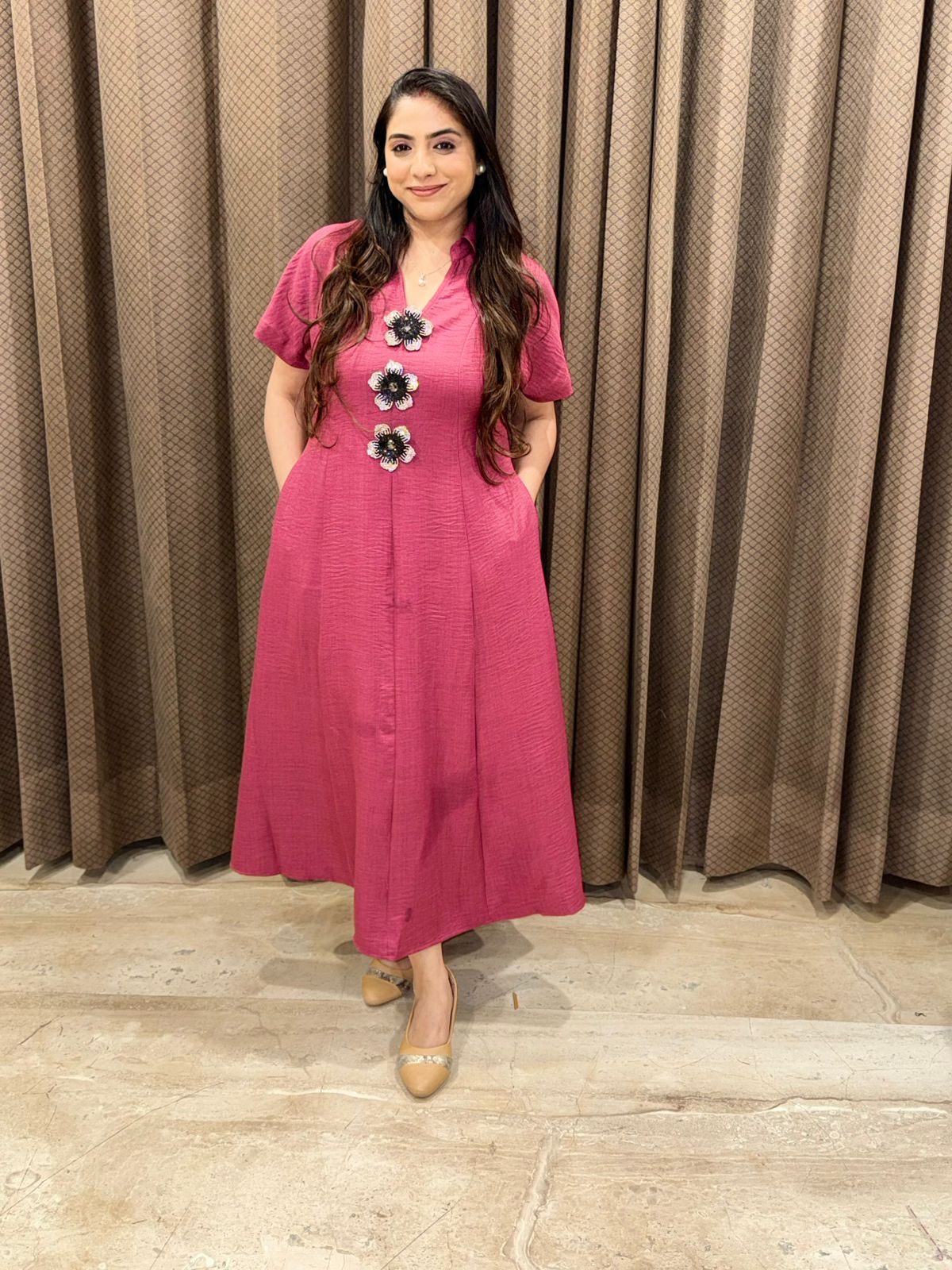 Smart Raspberry pink Midi dress with Handwork button detailing & pockets