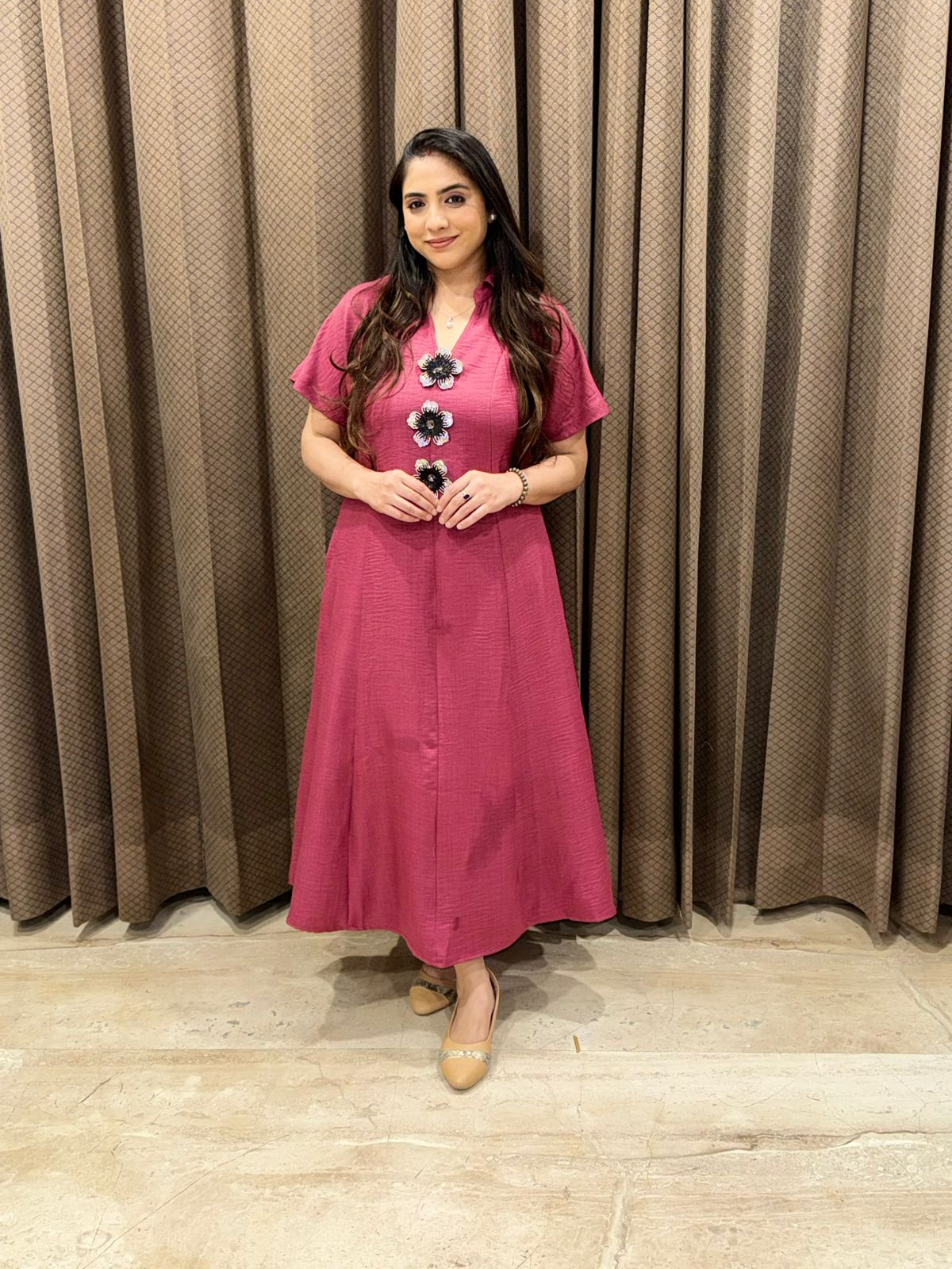 Smart Raspberry pink Midi dress with Handwork button detailing & pockets