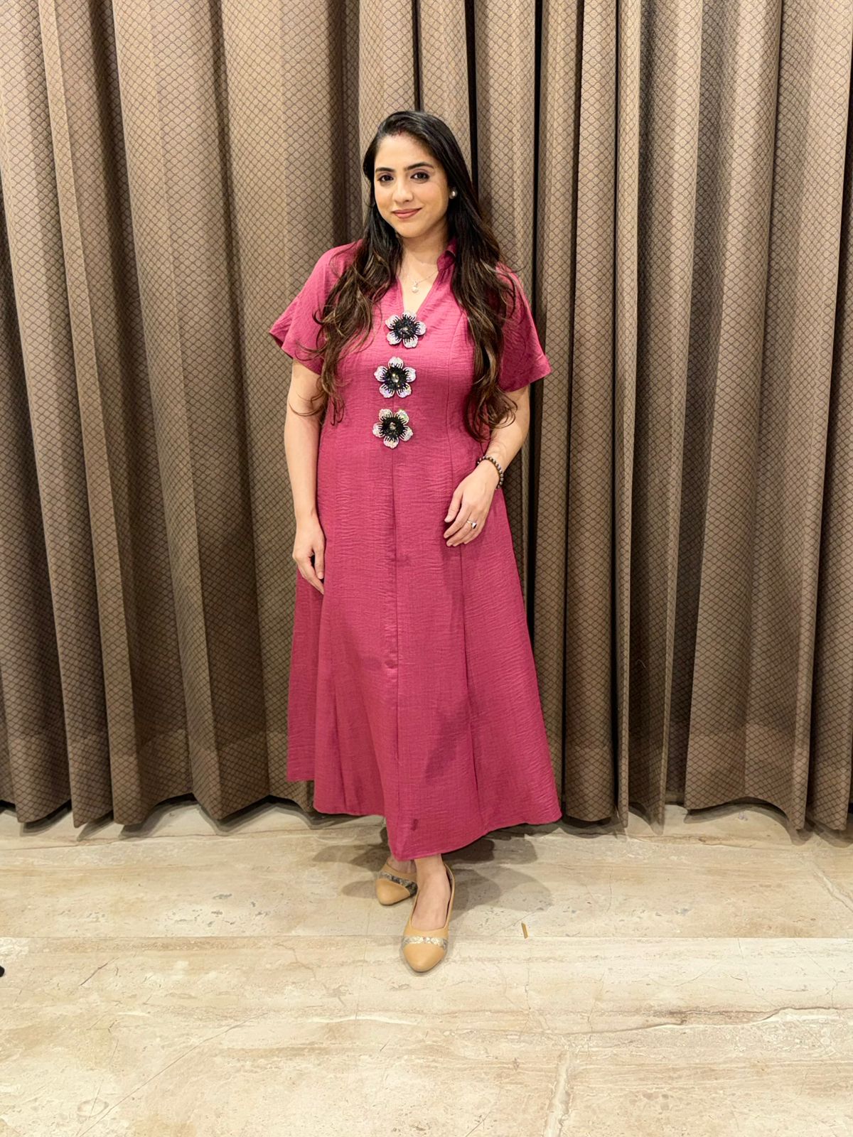 Smart Raspberry pink Midi dress with Handwork button detailing & pockets