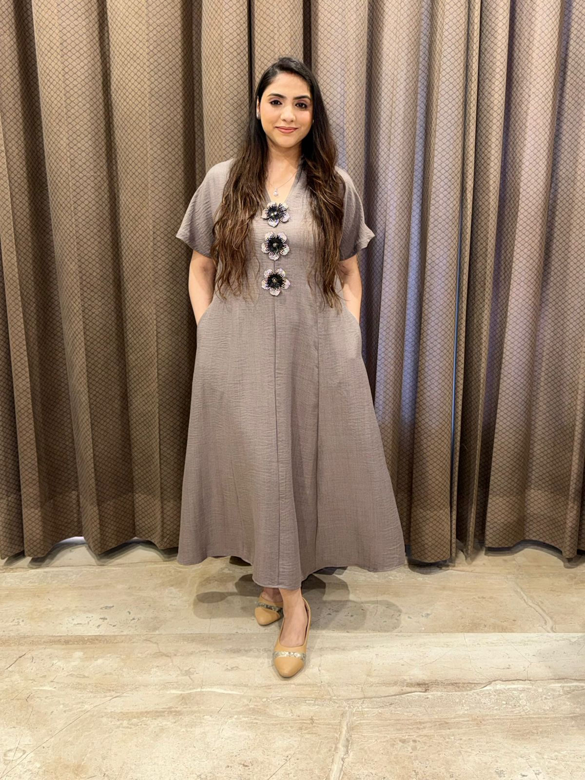 Smart Steel Grey Midi dress with Handwork button detailing & pockets