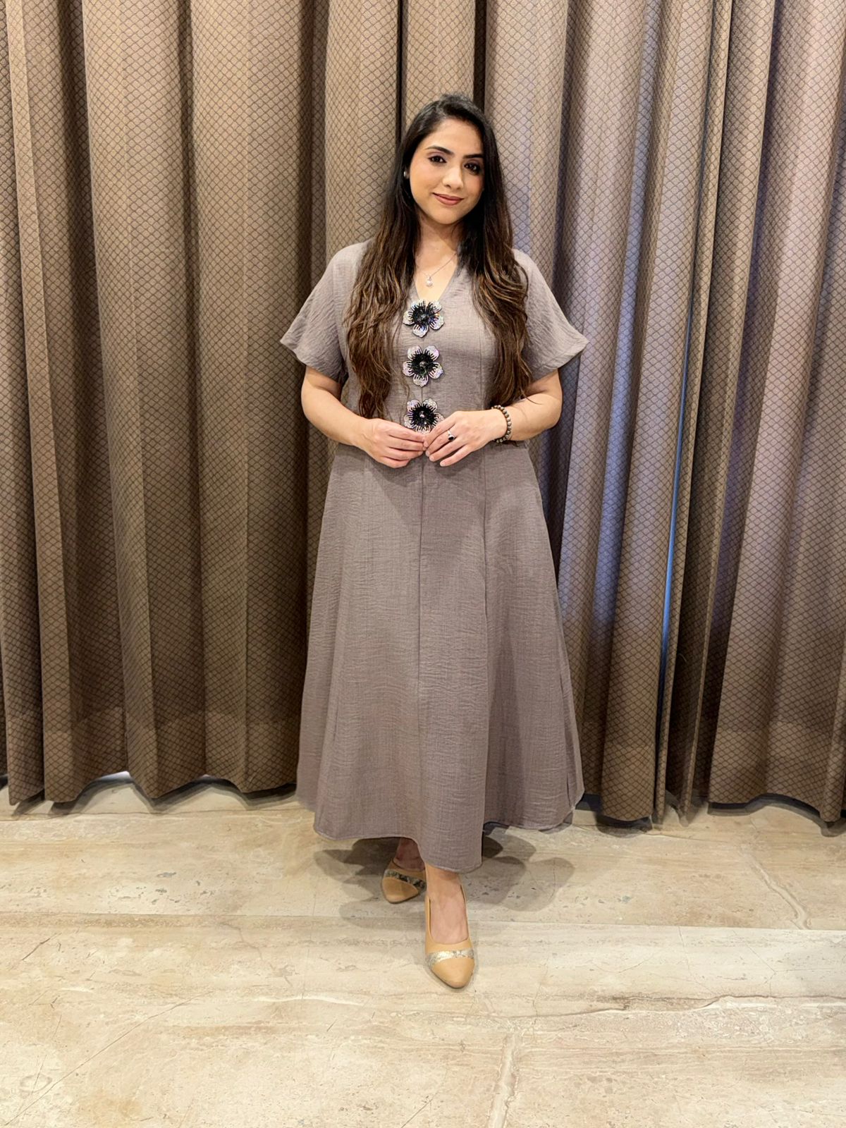 Smart Steel Grey Midi dress with Handwork button detailing & pockets