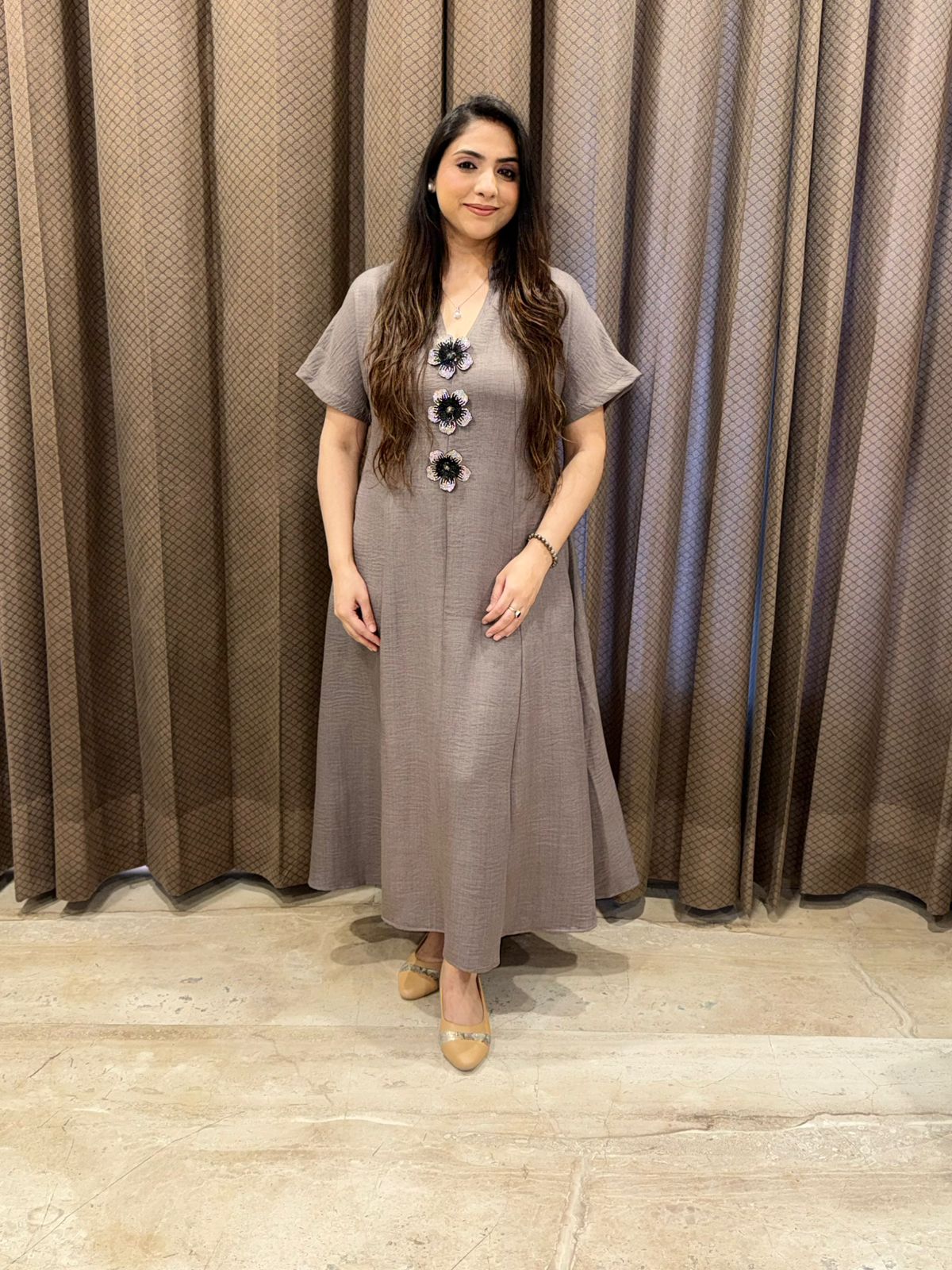 Smart Steel Grey Midi dress with Handwork button detailing & pockets