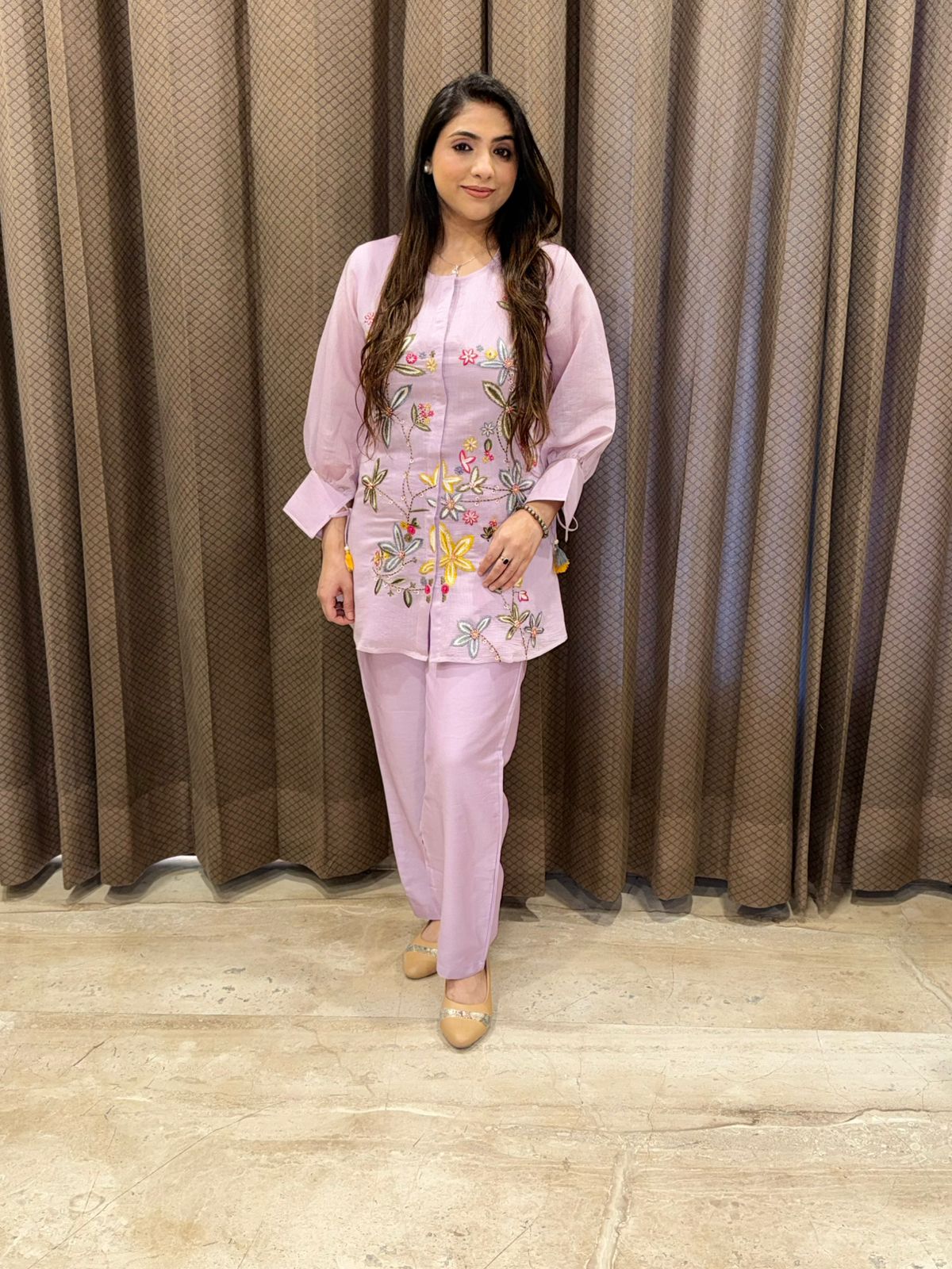 Elegant Lilac bloom Embroidered Coord set with handwork deatiling