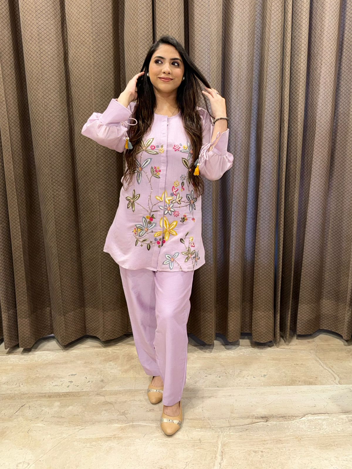 Elegant Lilac bloom Embroidered Coord set with handwork deatiling