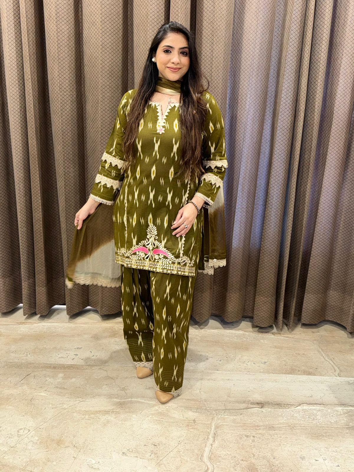 Designer Olive green ikkat print farshi Set with ombre dupatta
