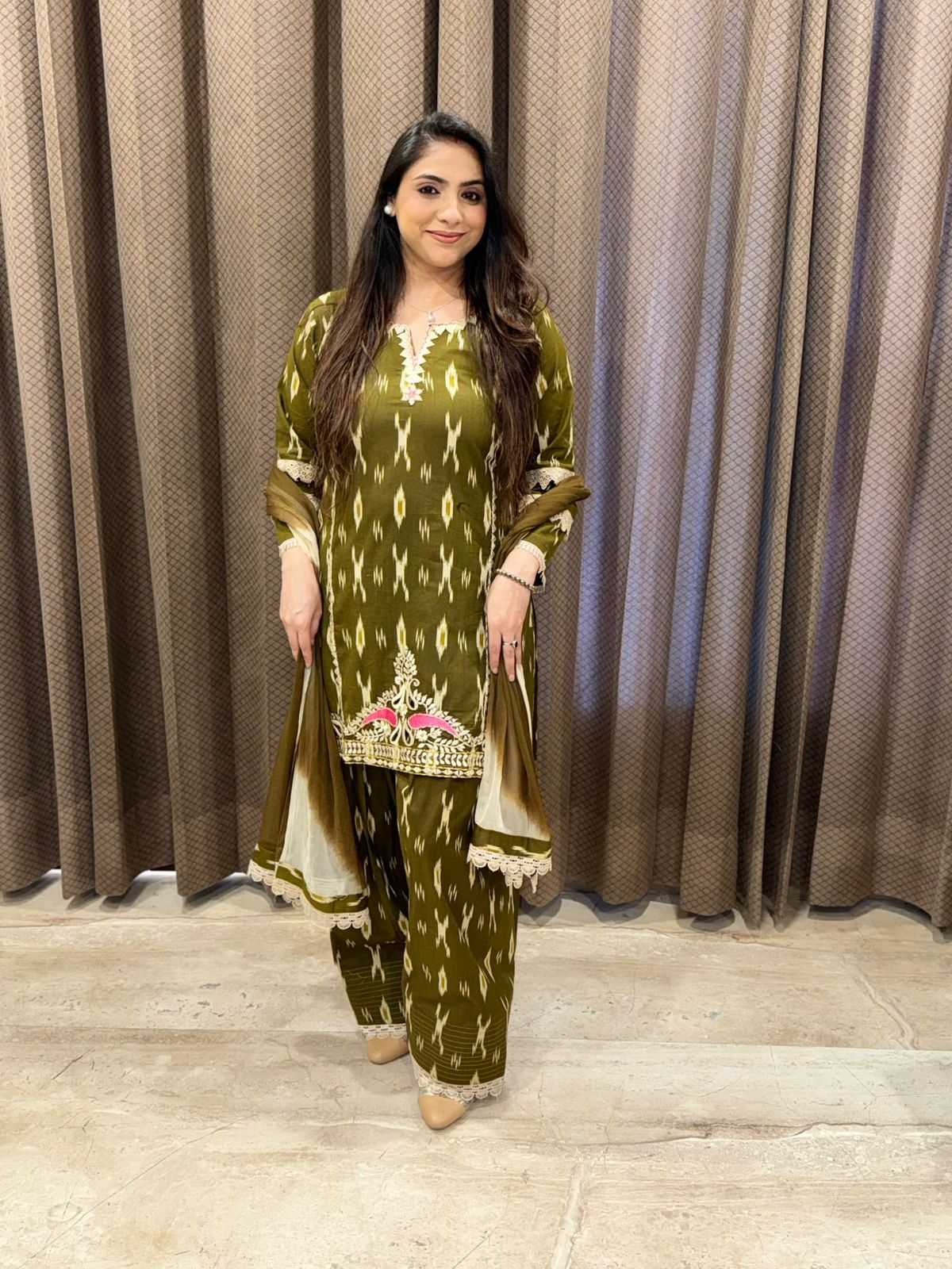 Designer Olive green ikkat print farshi Set with ombre dupatta
