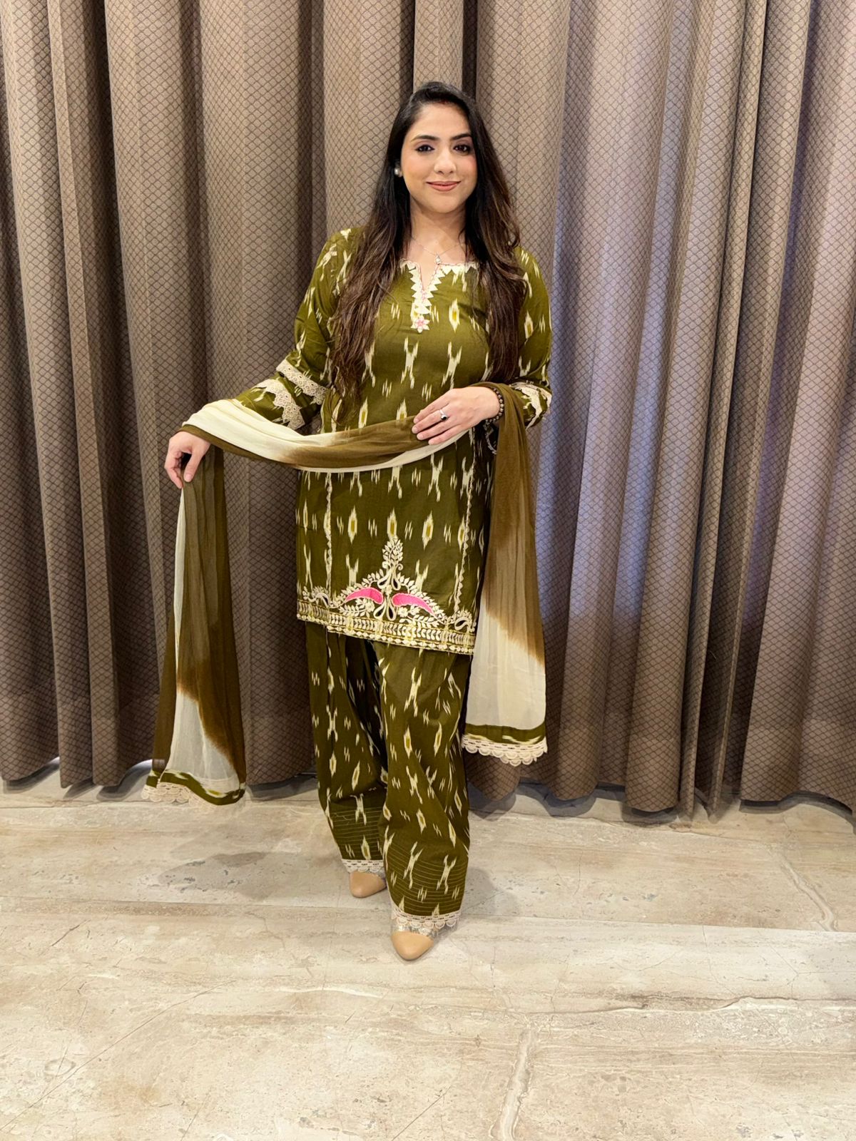 Designer Olive green ikkat print farshi Set with ombre dupatta