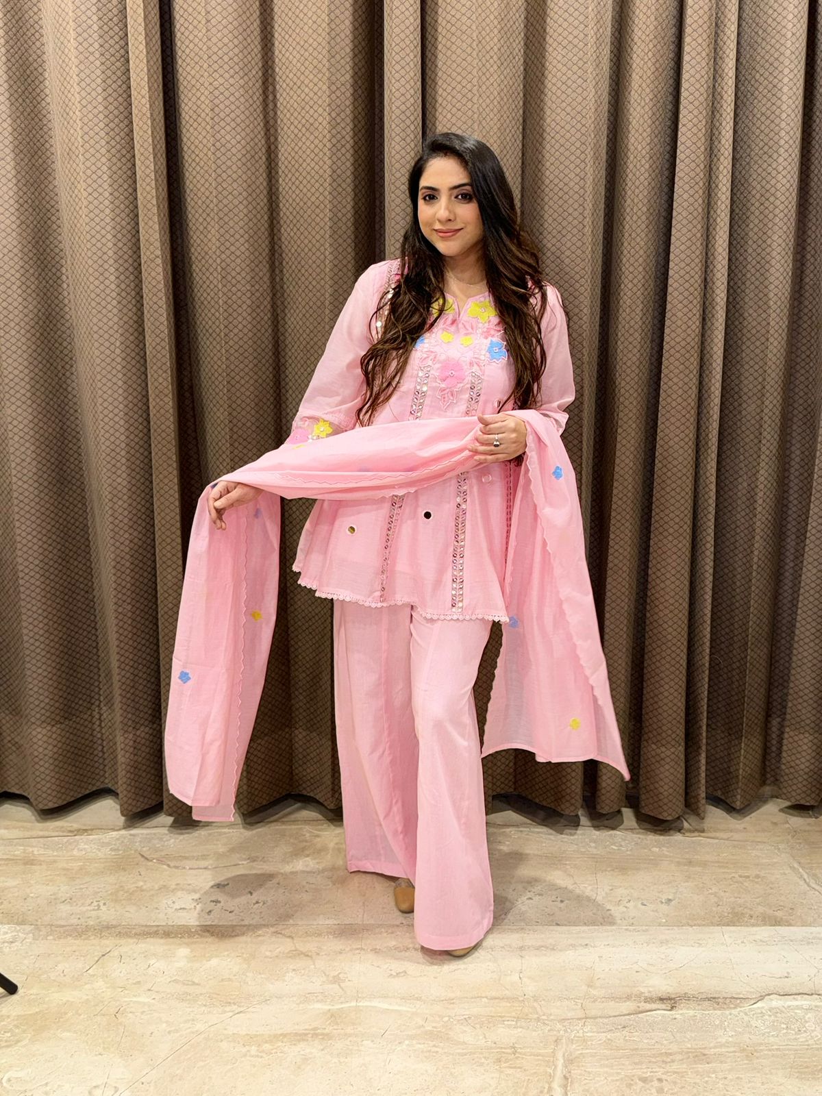 Gorgeous Pink Palazoo Suit set with dupatta & Handwork detailing