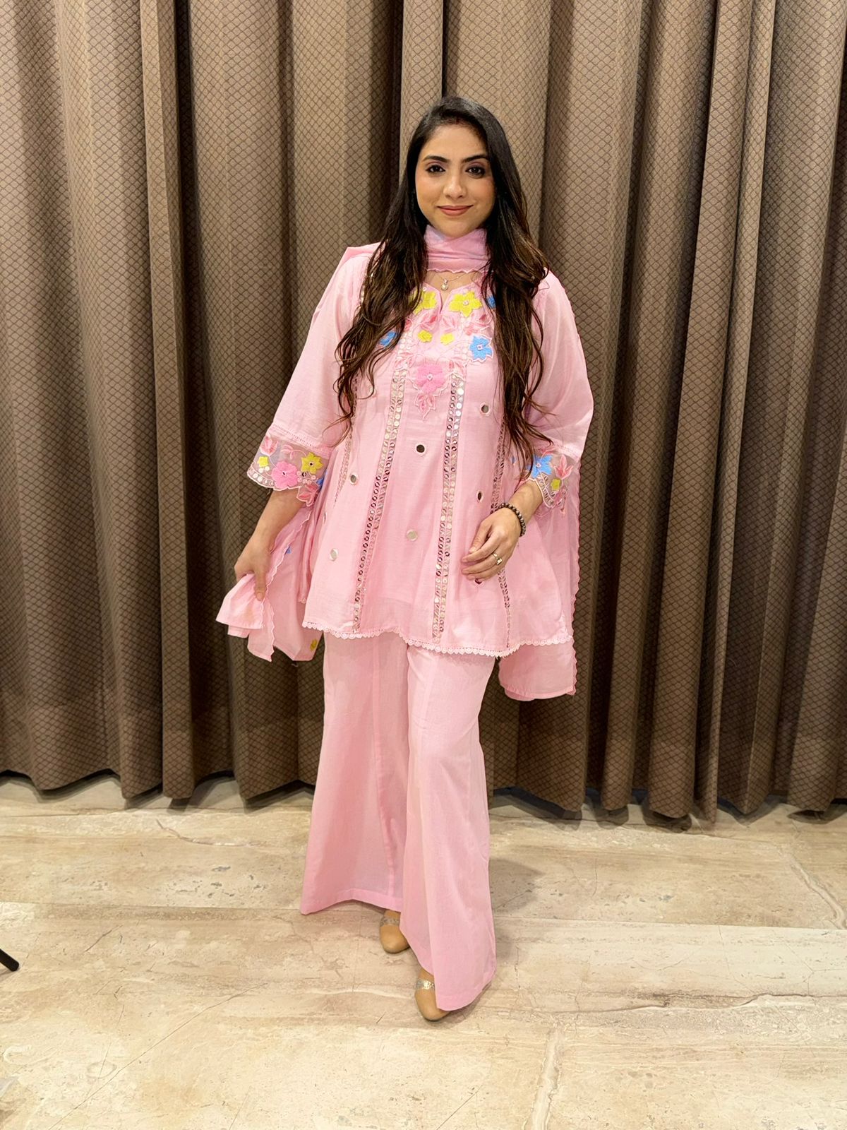 Gorgeous Pink Palazoo Suit set with dupatta & Handwork detailing
