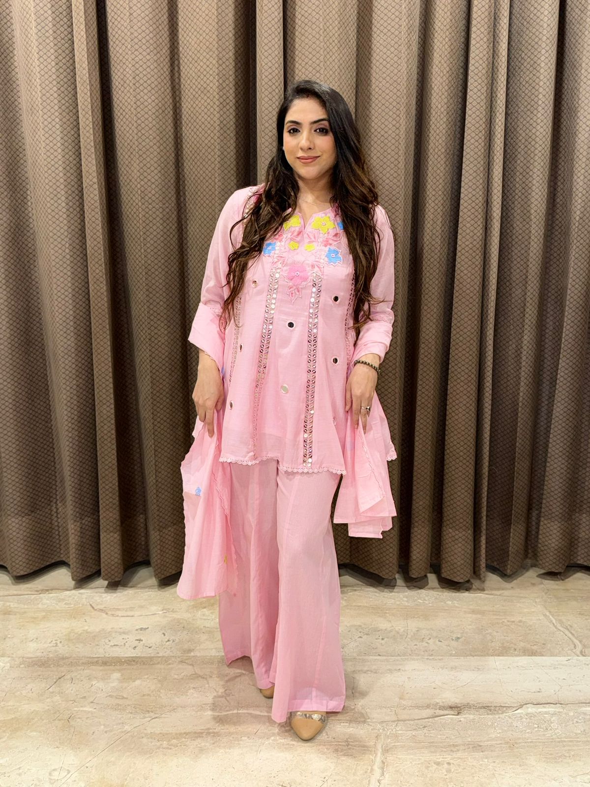Gorgeous Pink Palazoo Suit set with dupatta & Handwork detailing