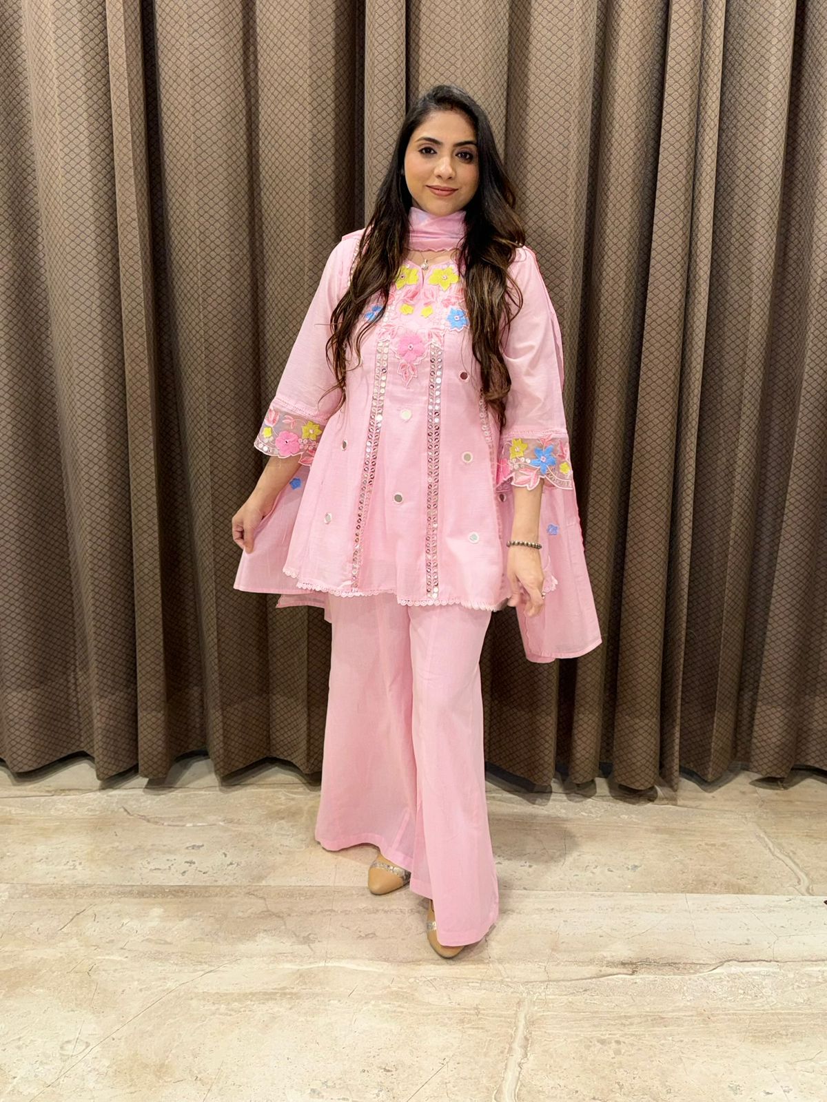 Gorgeous Pink Palazoo Suit set with dupatta & Handwork detailing