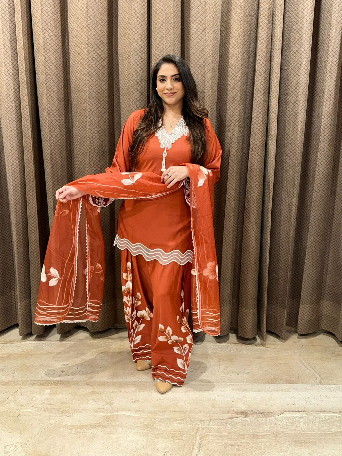 Graceful Rust Handpainted Farshi suit set with dupatta