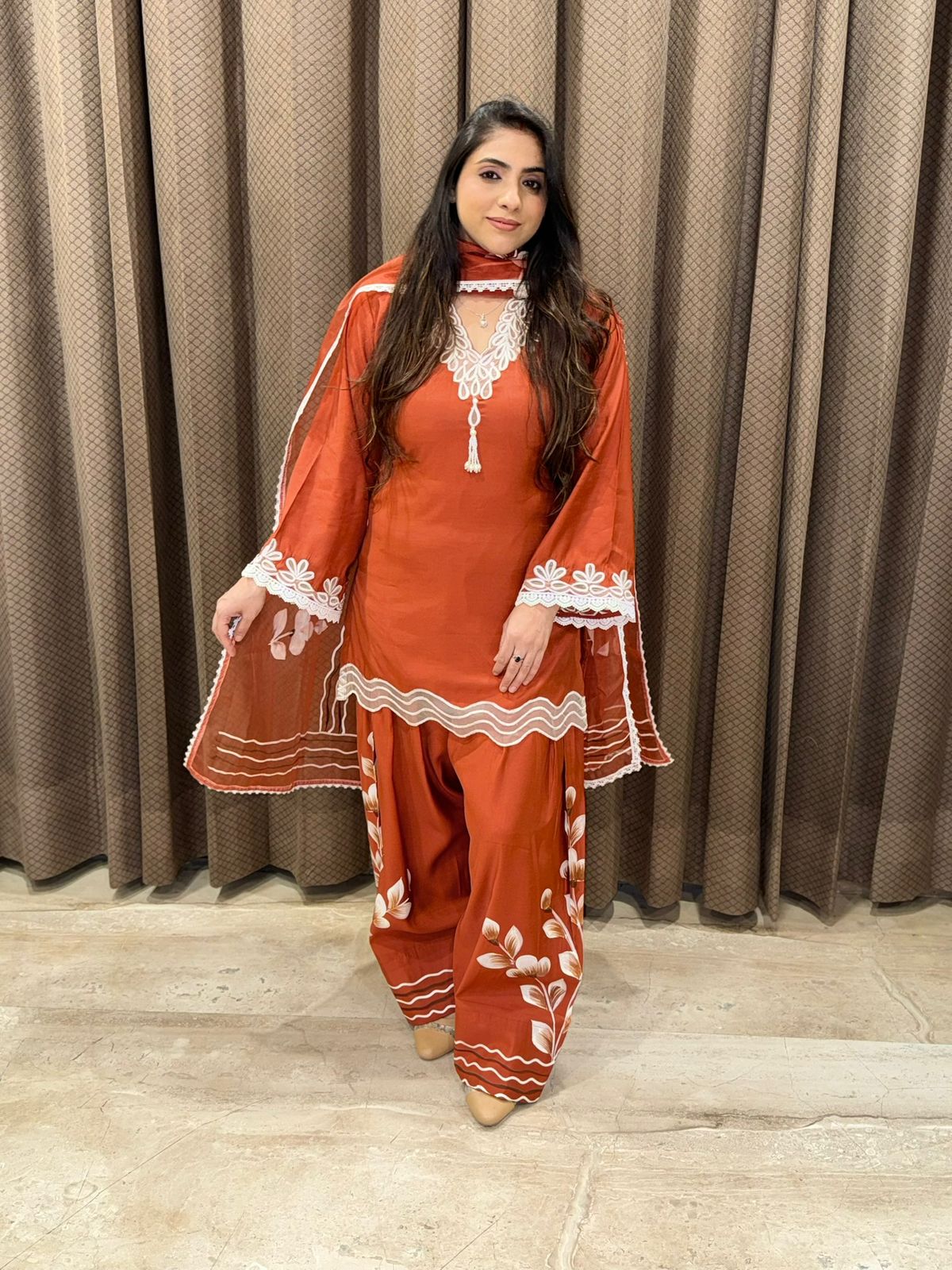 Graceful Rust Handpainted Farshi suit set with dupatta