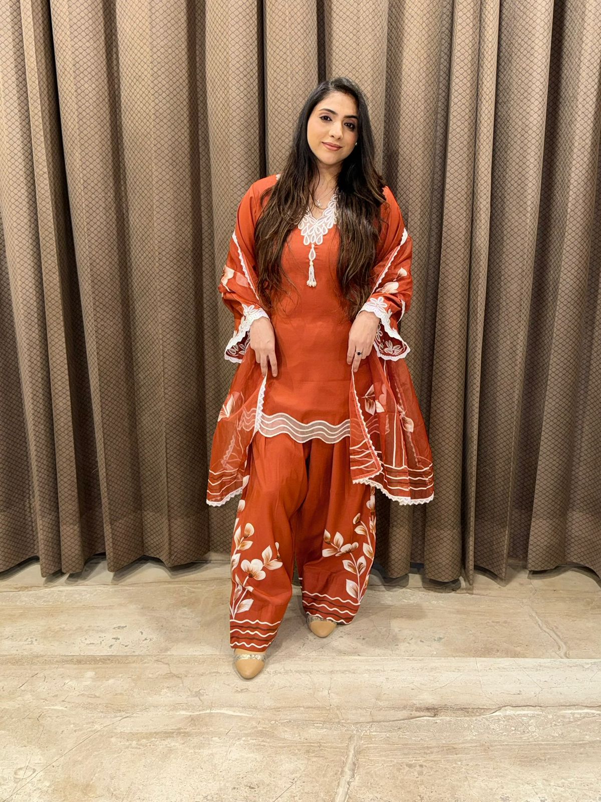 Graceful Rust Handpainted Farshi suit set with dupatta