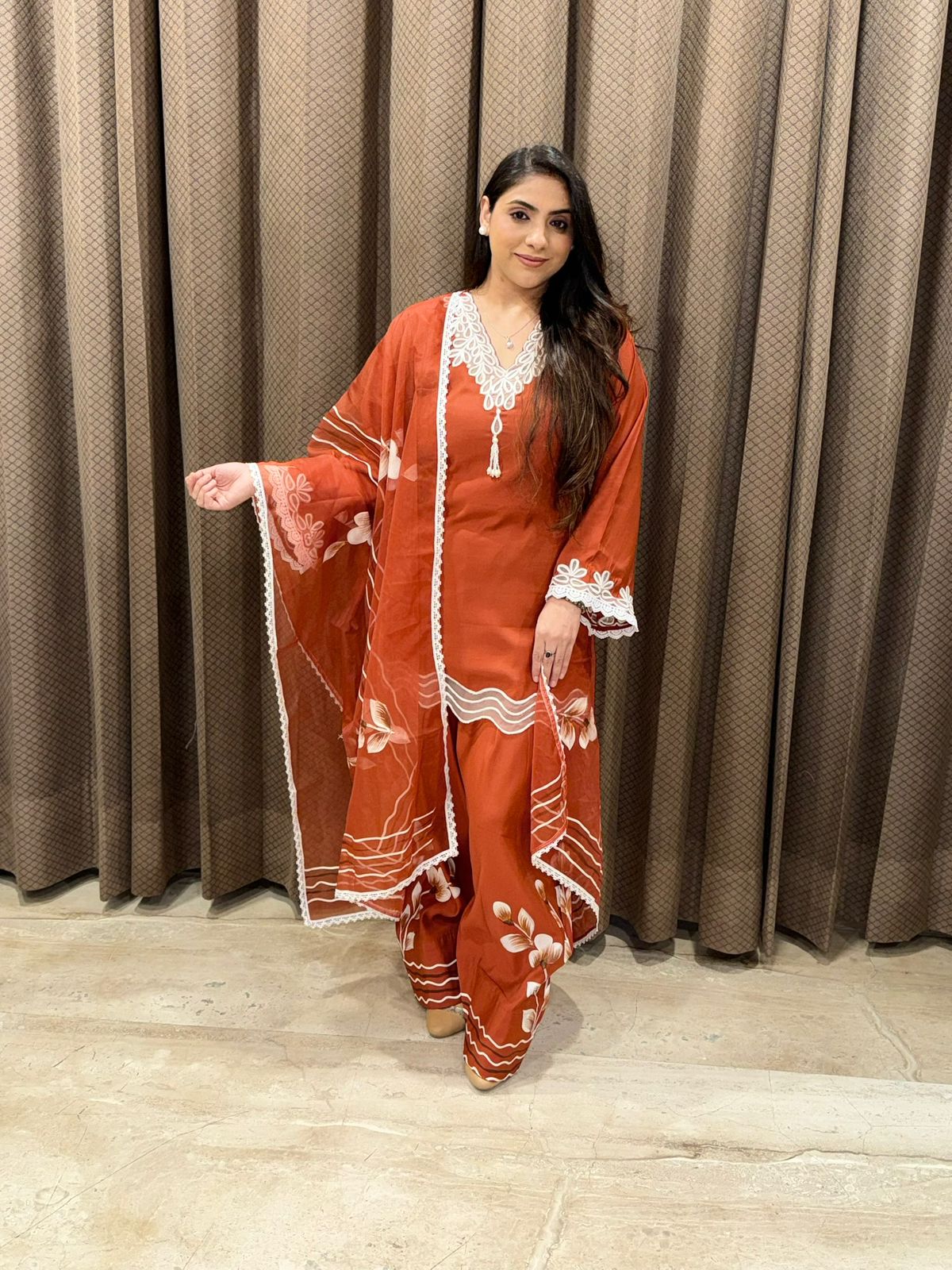 Graceful Rust Handpainted Farshi suit set with dupatta