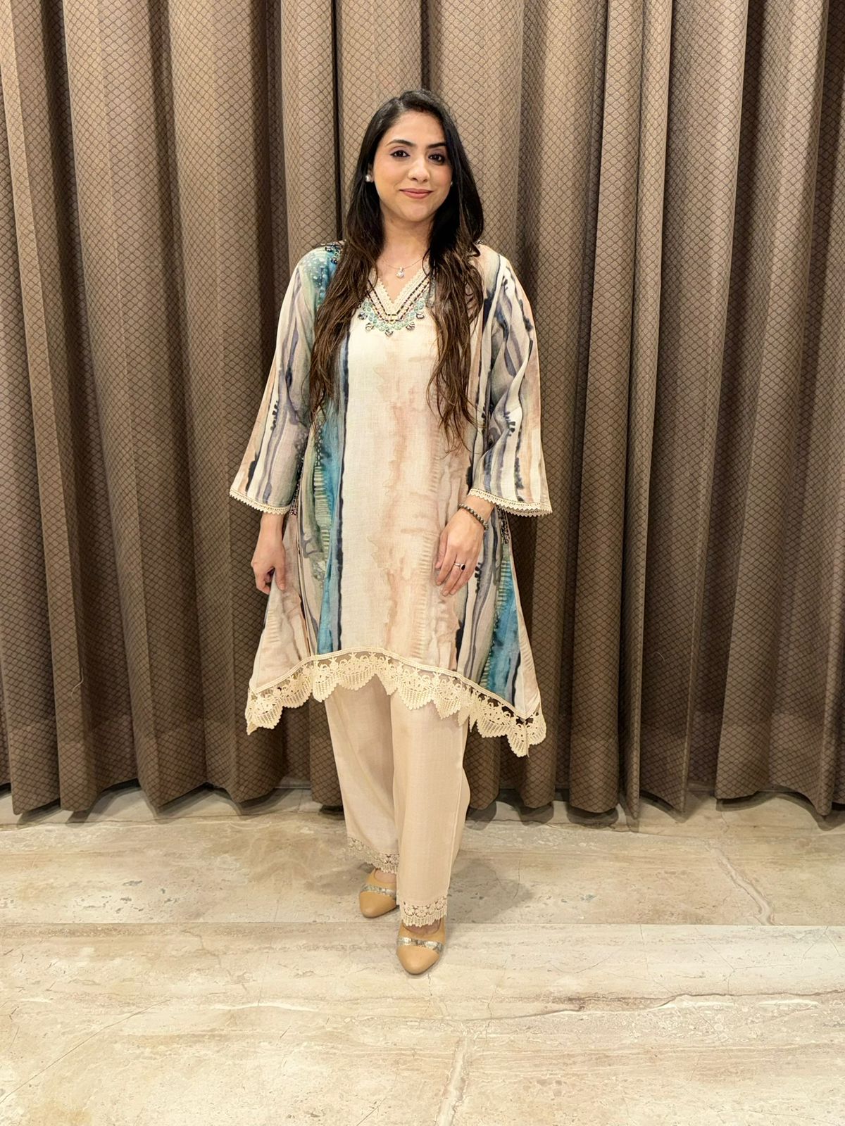 Rich look Beige Digital print Coord set with mirror detailing