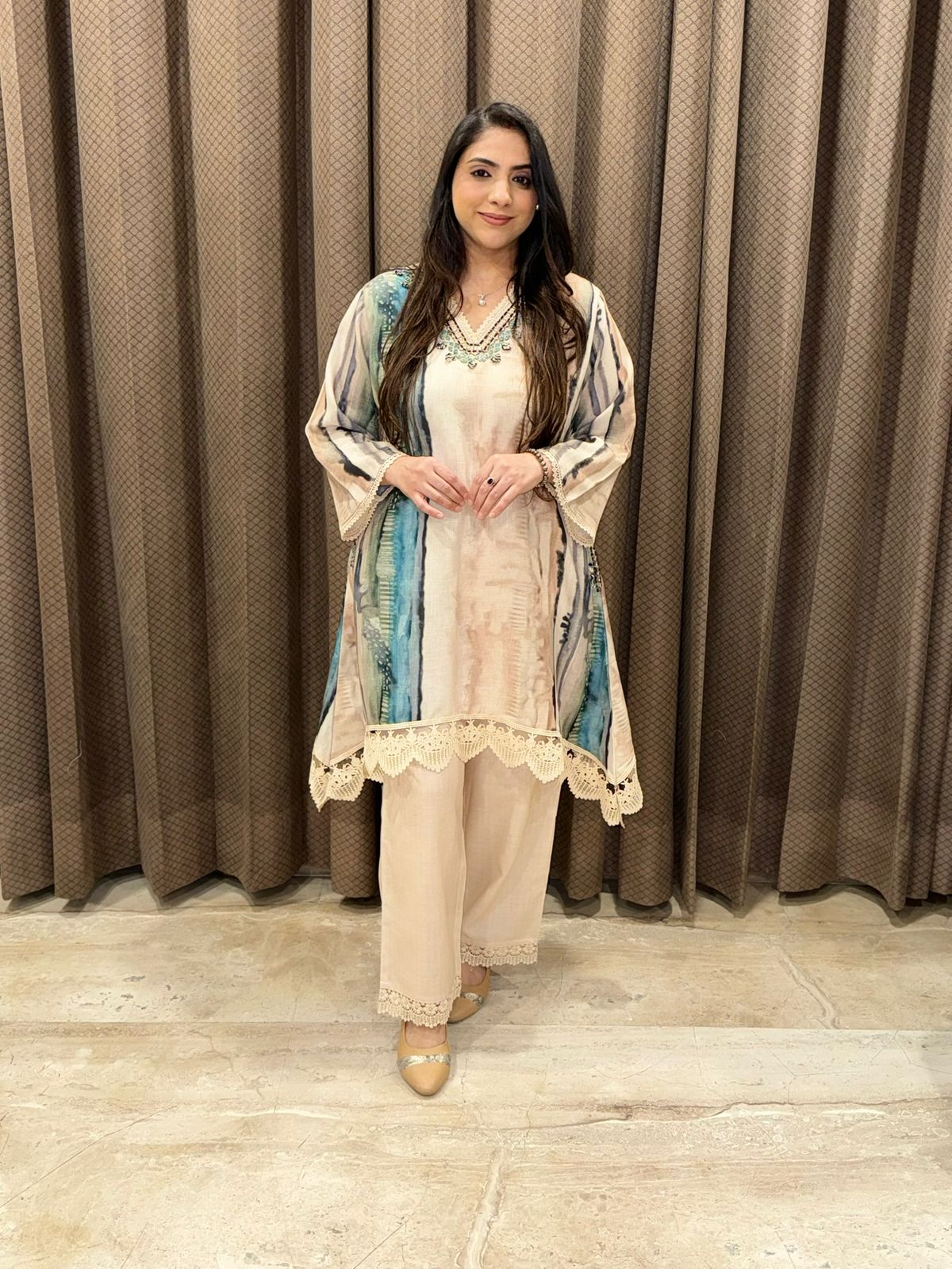 Rich look Beige Digital print Coord set with mirror detailing
