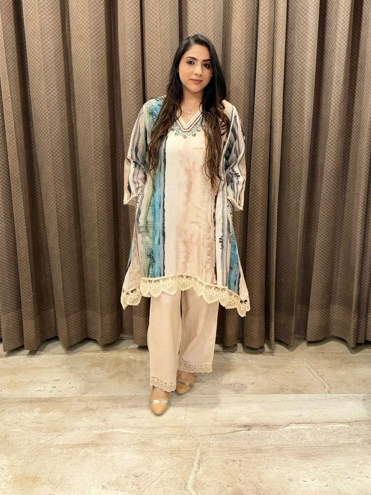 Rich look Beige Digital print Coord set with mirror detailing