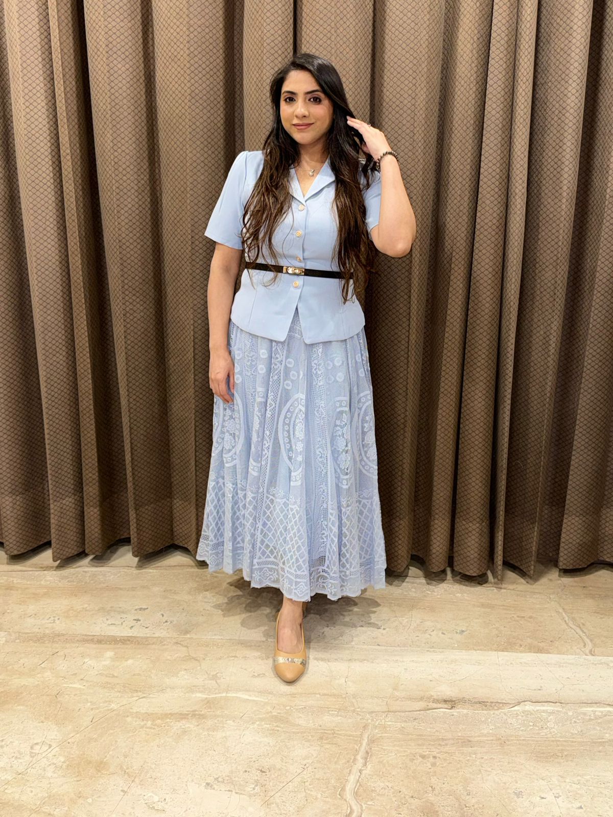 Designer Powder blue skirt set with belt