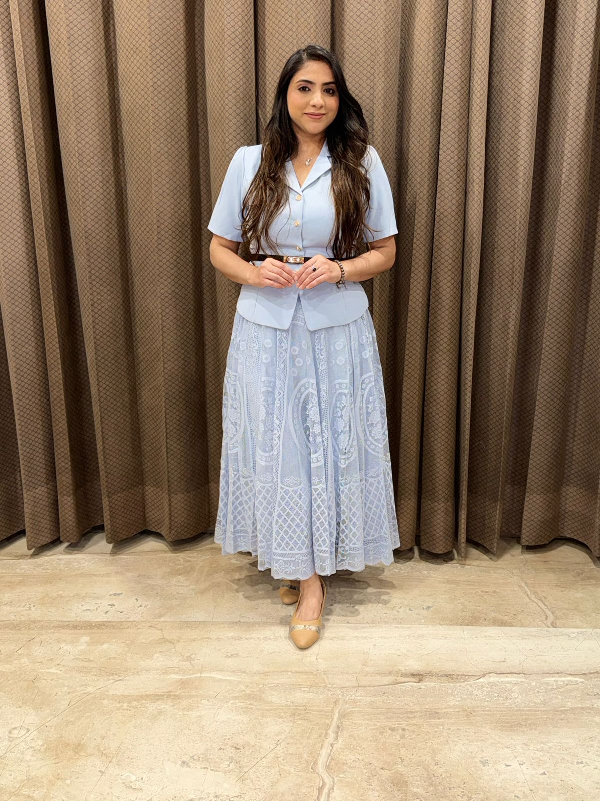 Designer Powder blue skirt set with belt