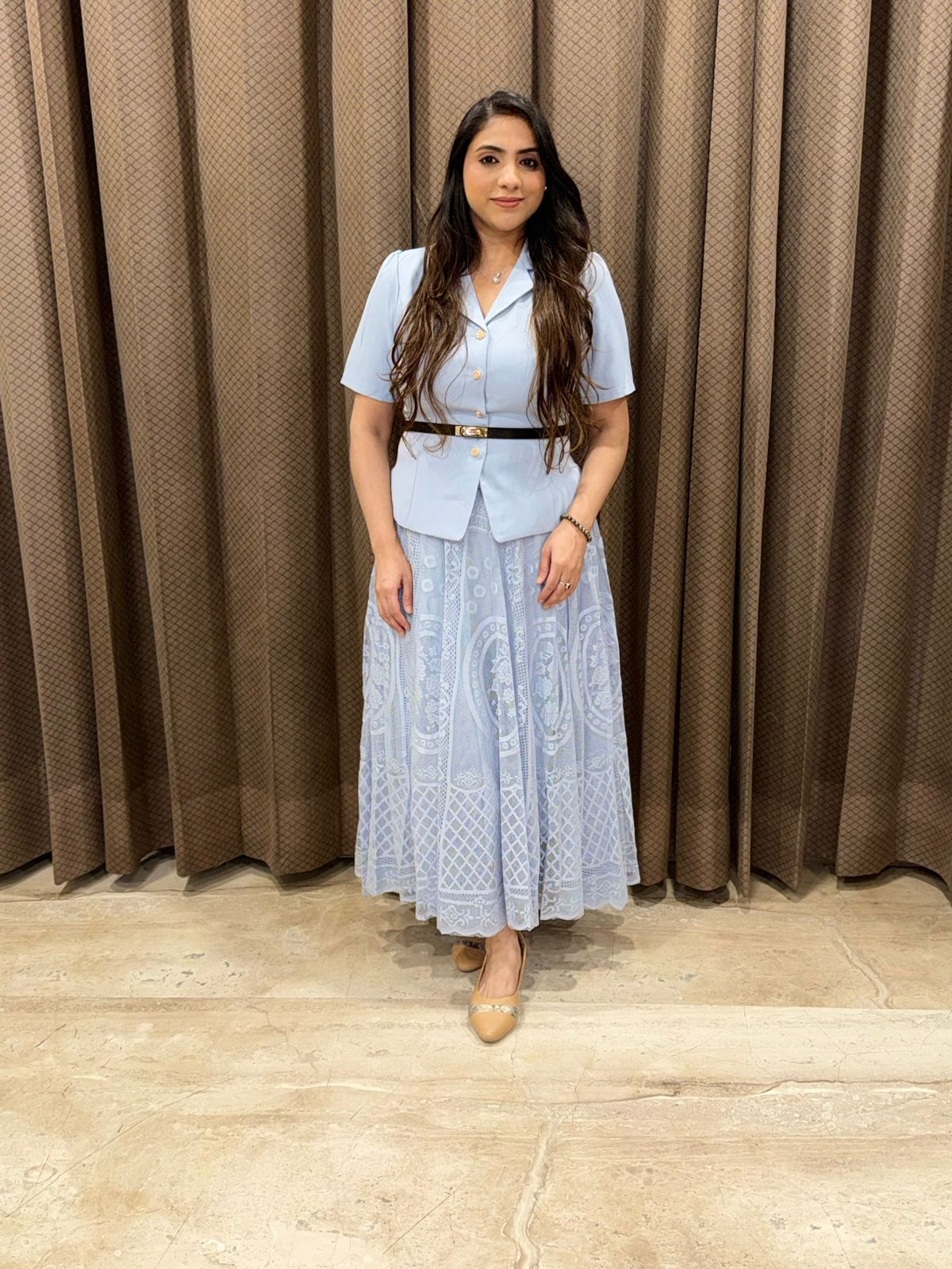 Designer Powder blue skirt set with belt