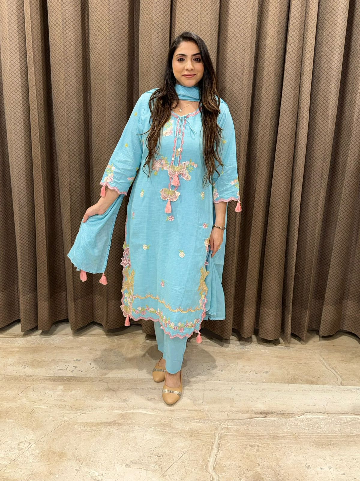 Gorgeous sky blue Cotton Suit set with dupatta and Cutwork