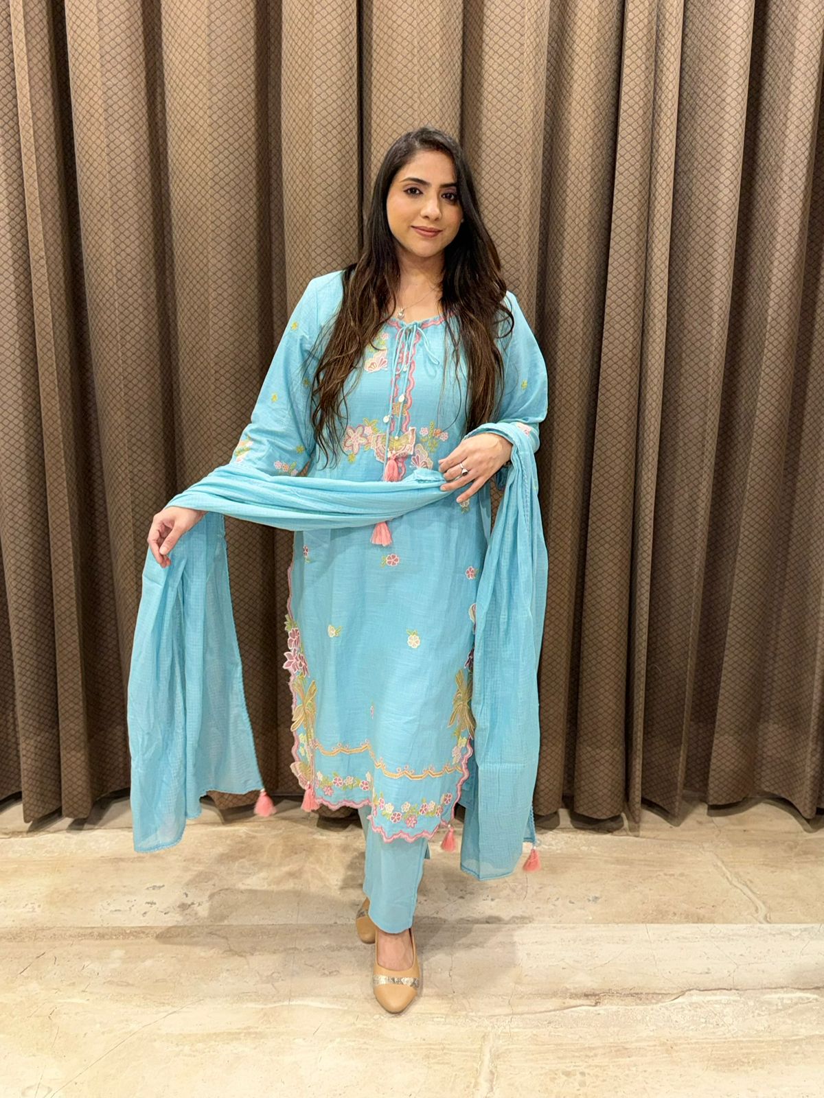Gorgeous sky blue Cotton Suit set with dupatta and Cutwork