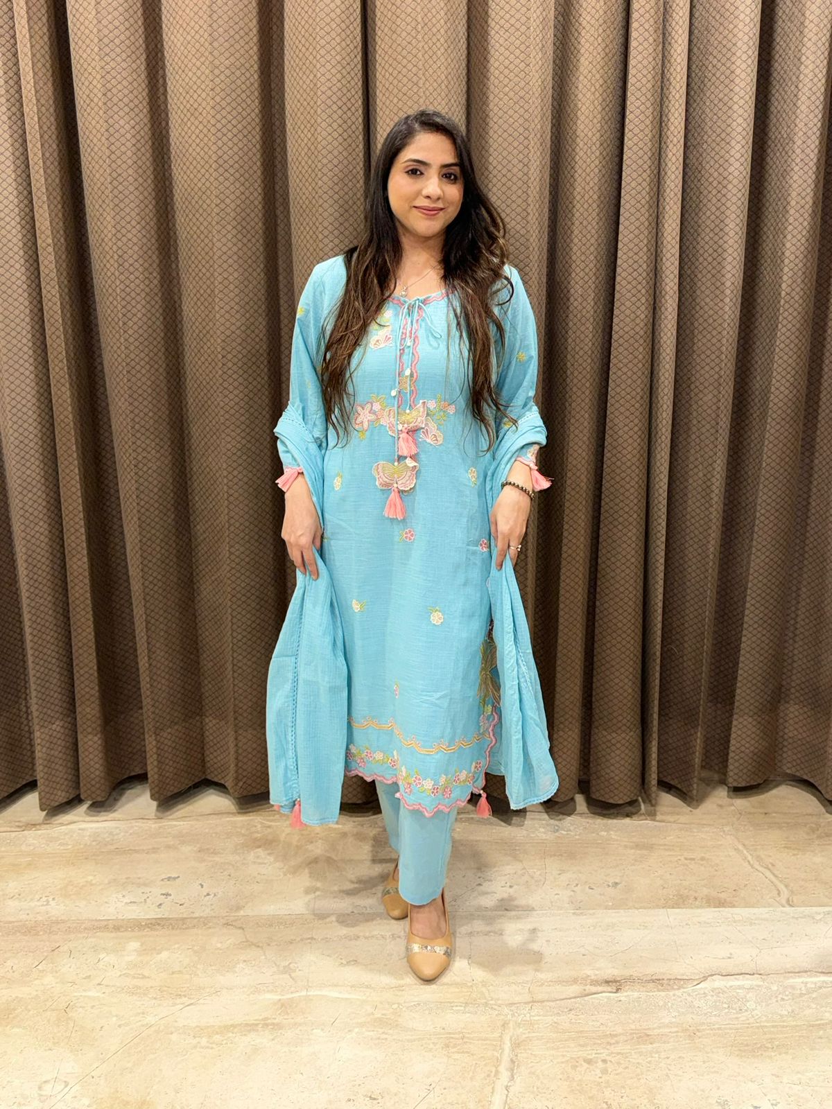 Gorgeous sky blue Cotton Suit set with dupatta and Cutwork