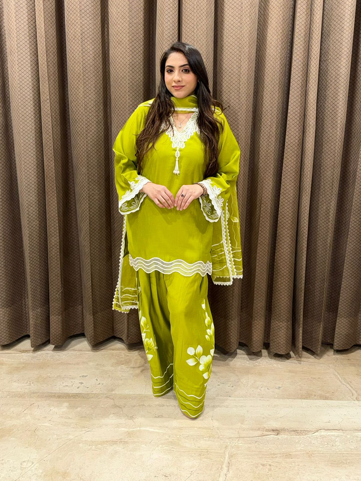 Gorgeous Green handpainted Farshi set with dupatta and  applique work