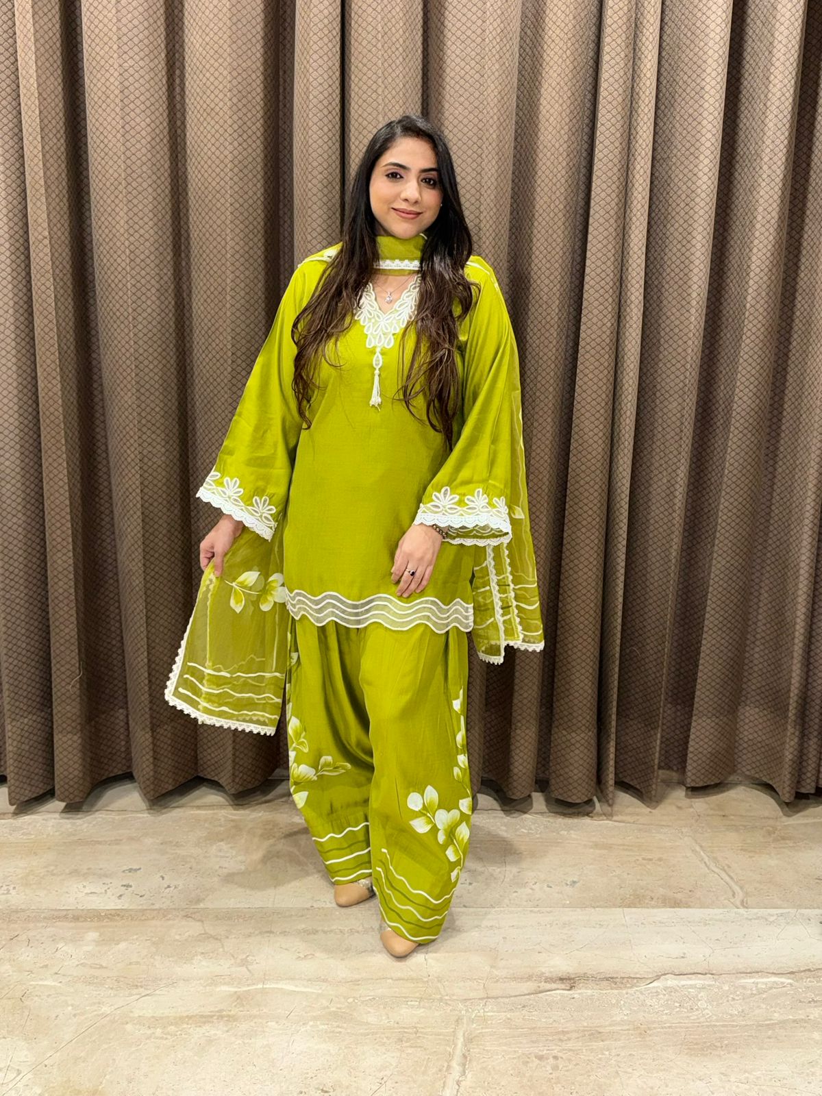 Gorgeous Green handpainted Farshi set with dupatta and  applique work