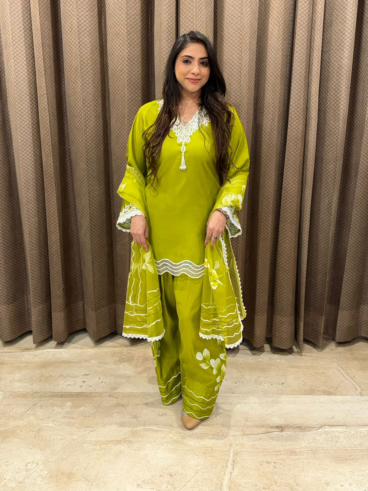 Gorgeous Green handpainted Farshi set with dupatta and  applique work