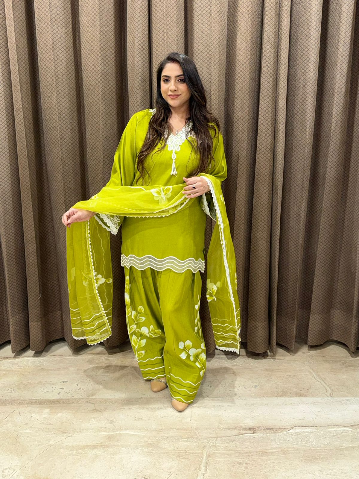 Gorgeous Green handpainted Farshi set with dupatta and  applique work