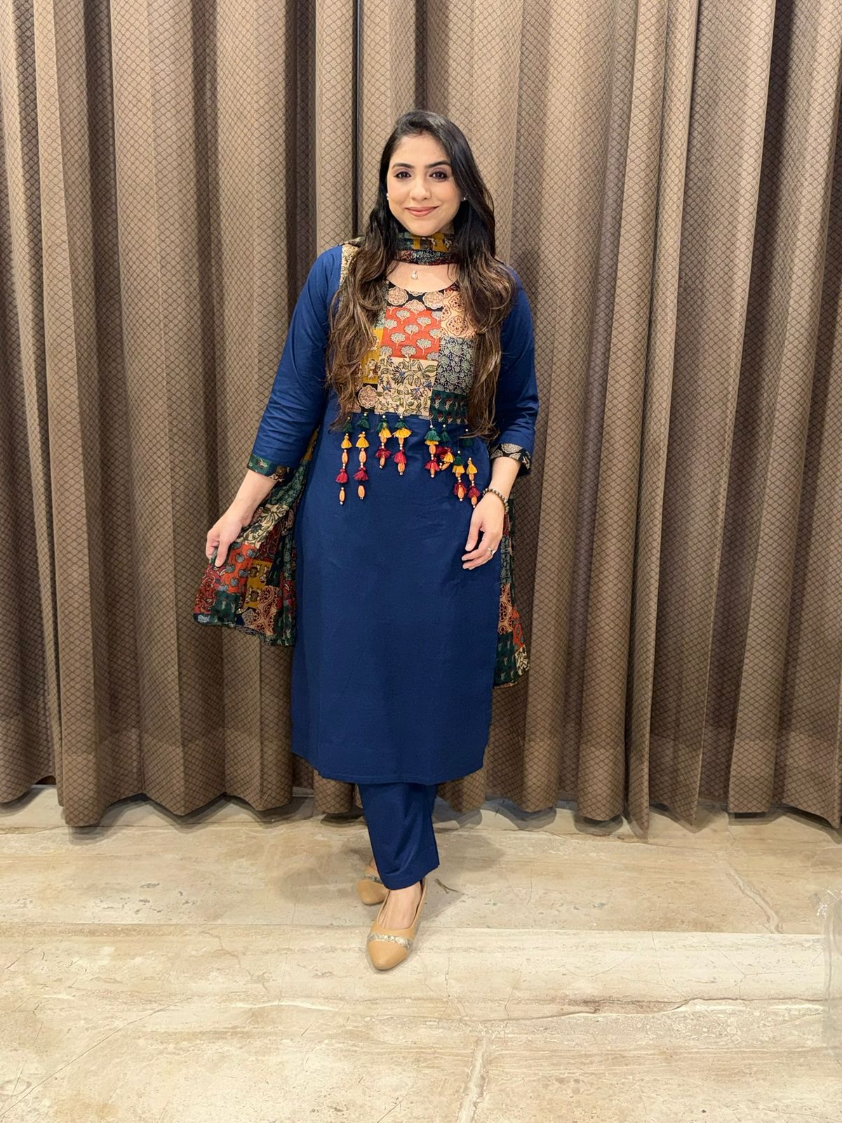 Smart Blue Cotton straight suit set with multicolour detailing & tassels