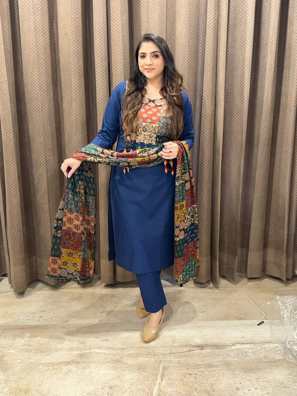 Smart Blue Cotton straight suit set with multicolour detailing & tassels