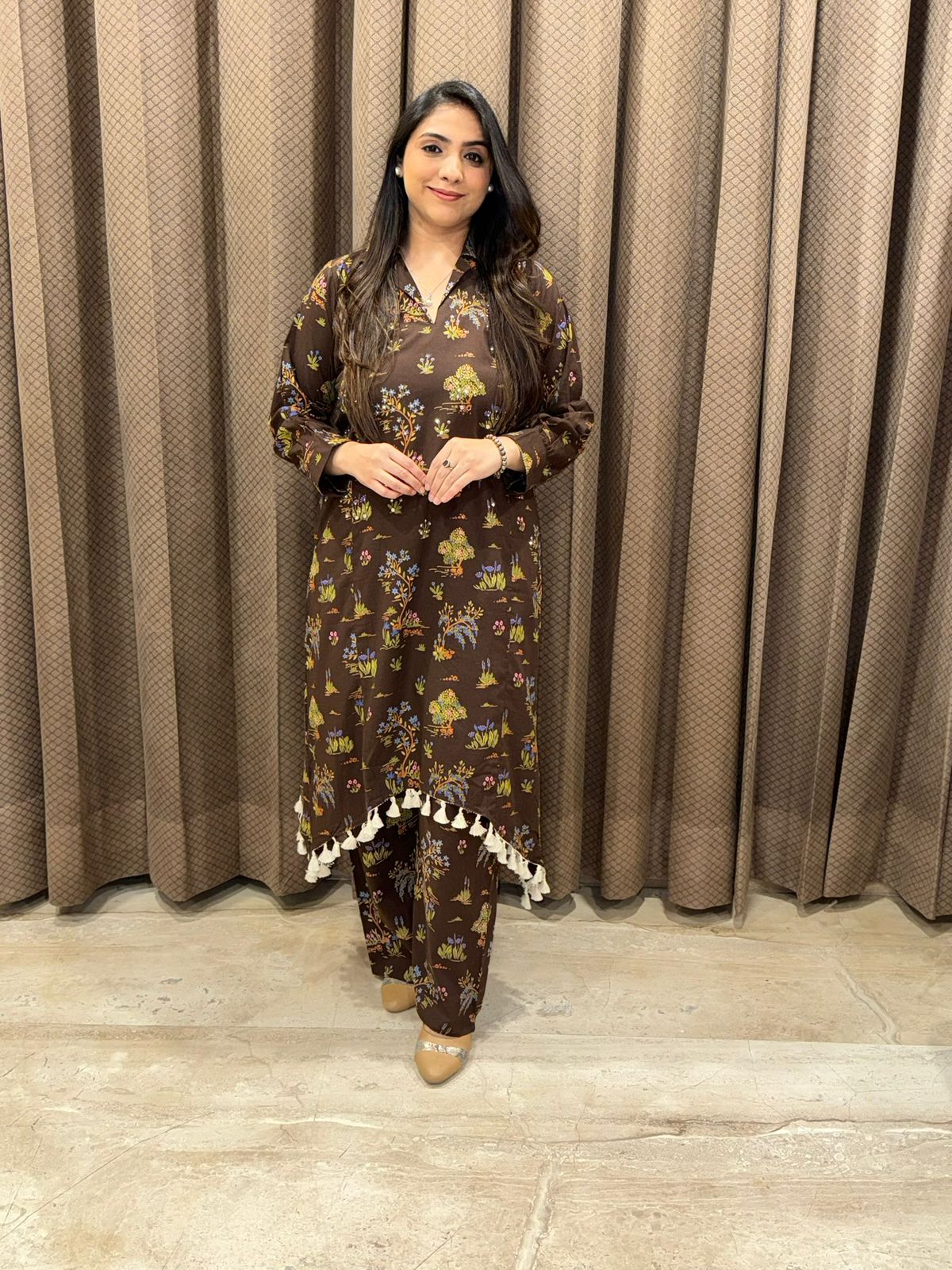 Elegant brown Co-ord set with tassel & mirror detailing