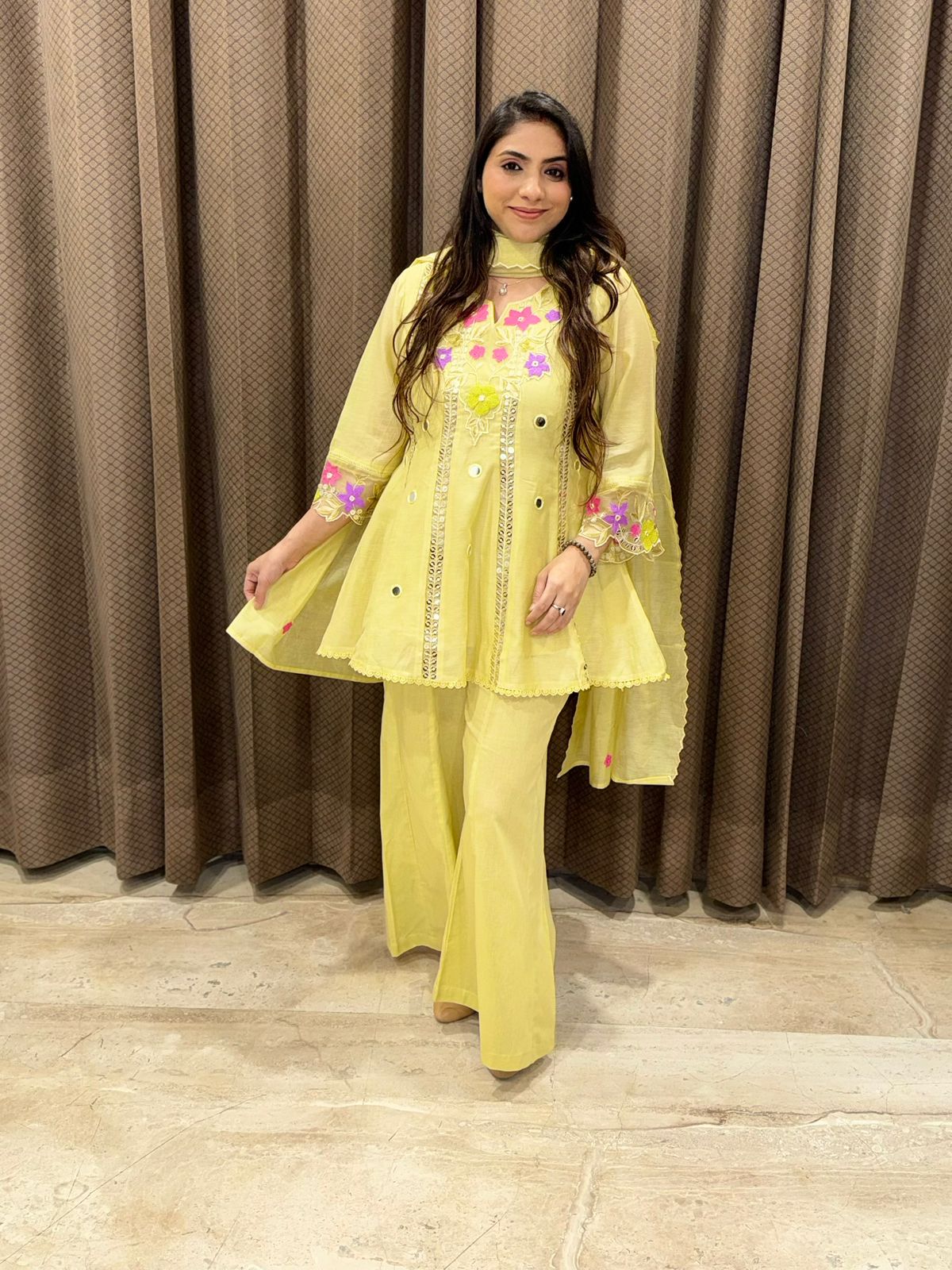 Gorgeous Lemon yellow Palazoo set with dupatta & Handwork detailing