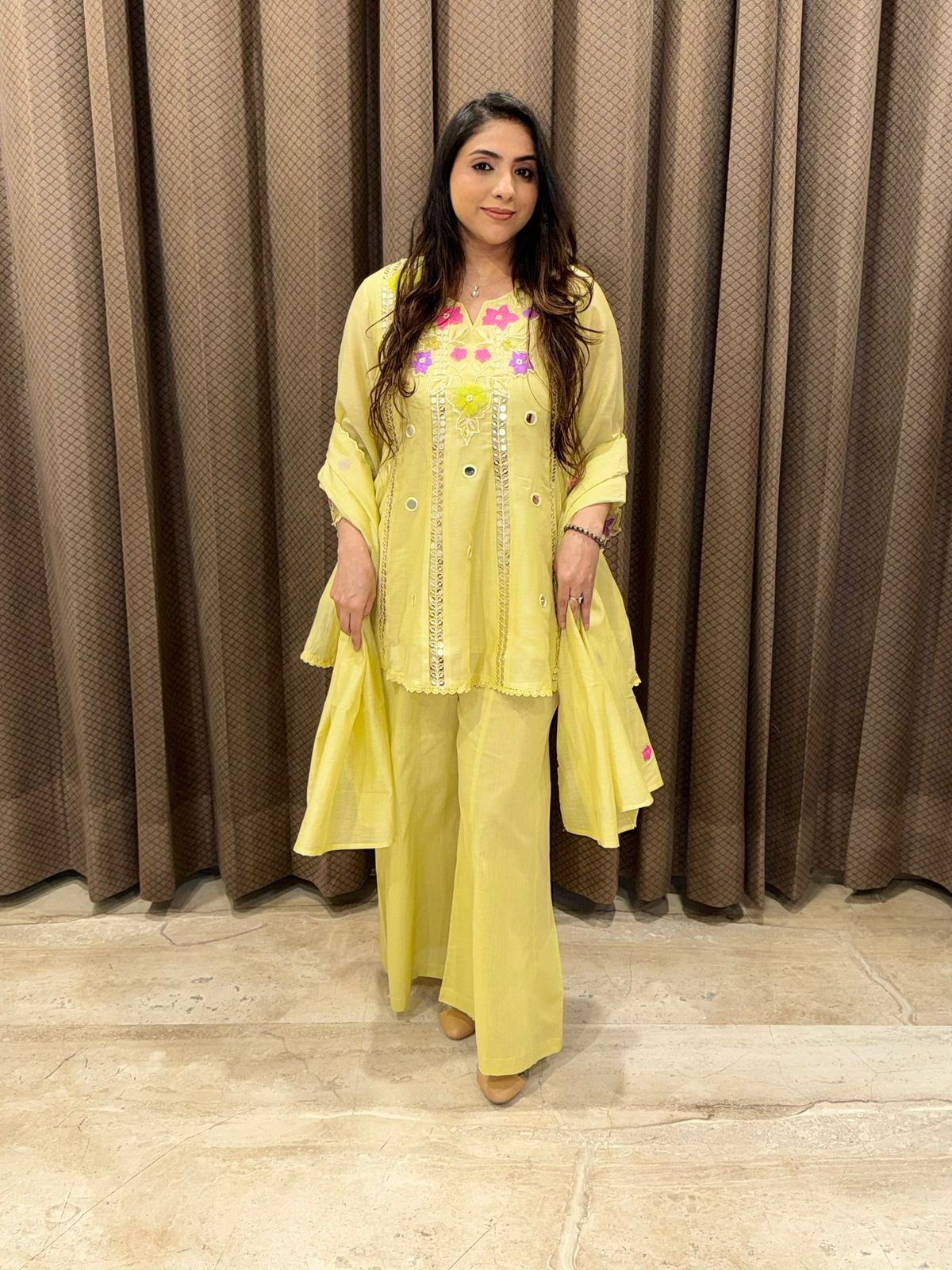 Gorgeous Lemon yellow Palazoo set with dupatta & Handwork detailing