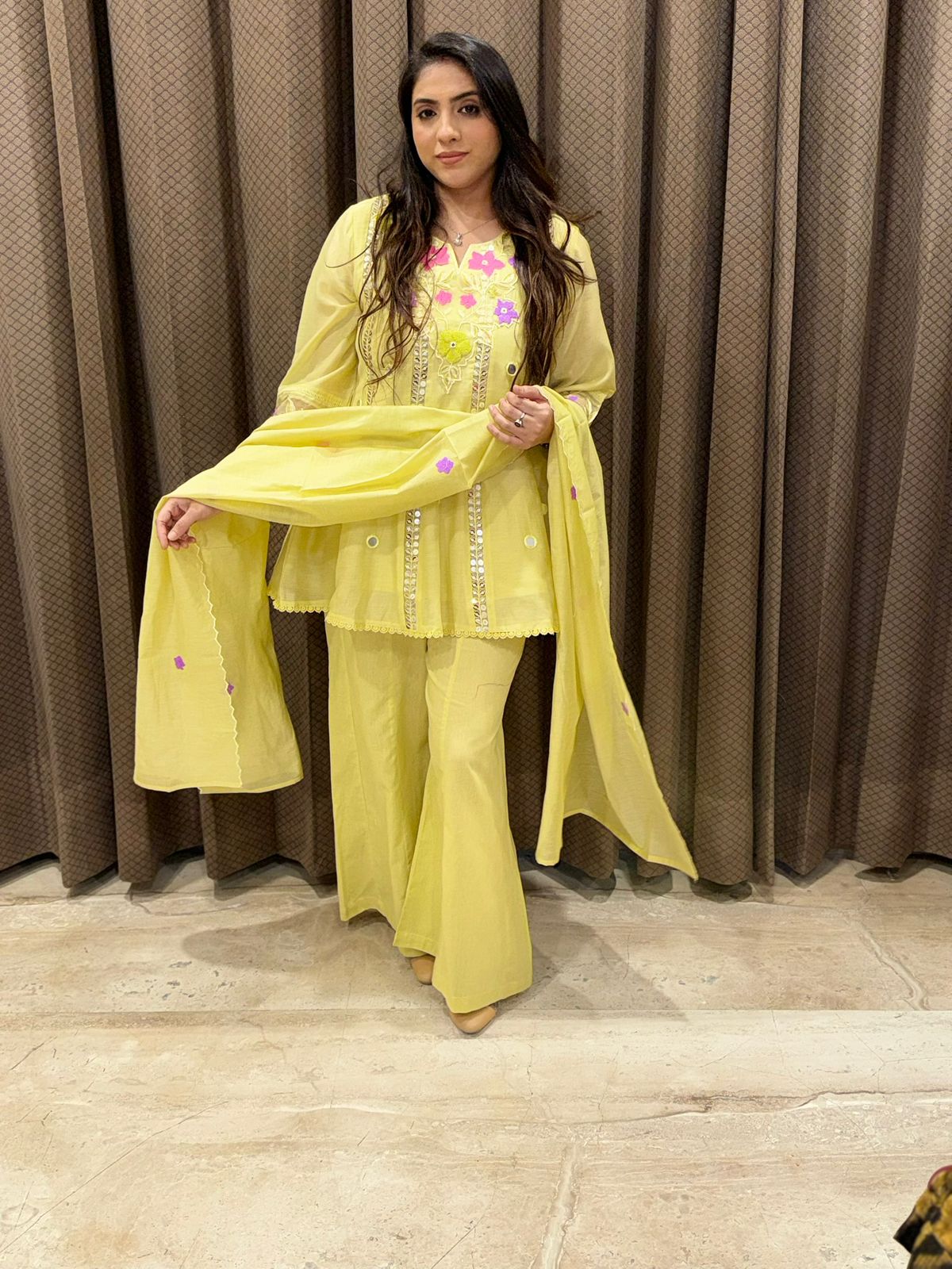 Gorgeous Lemon yellow Palazoo set with dupatta & Handwork detailing