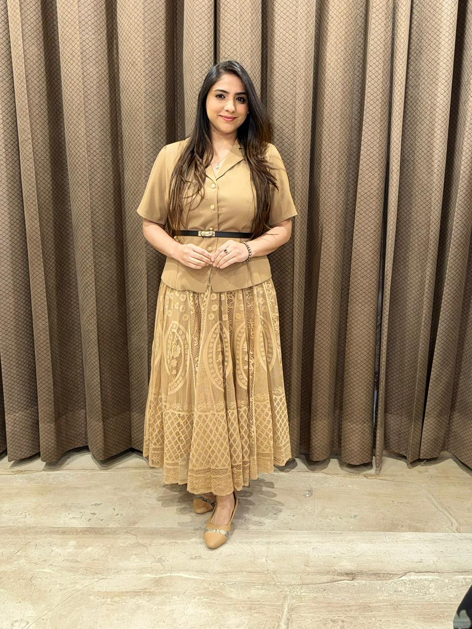 Designer brown skirt set with belt
