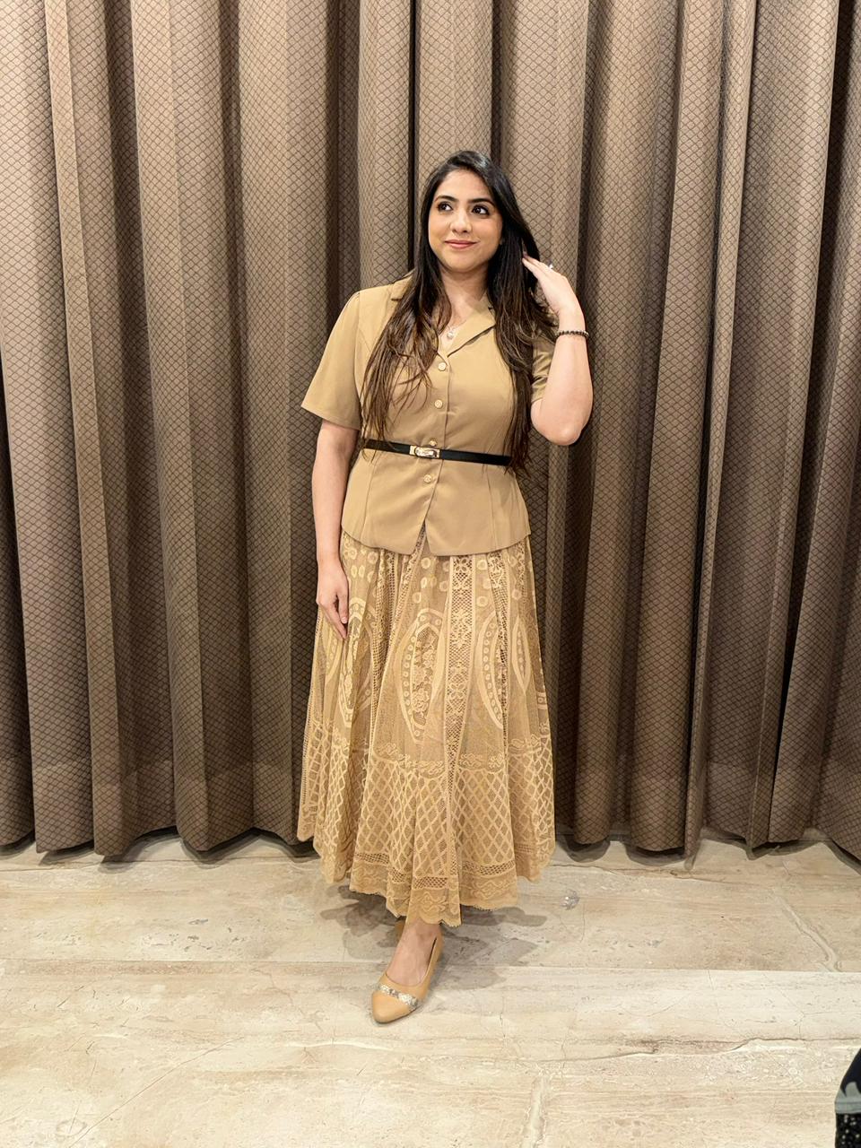 Designer brown skirt set with belt