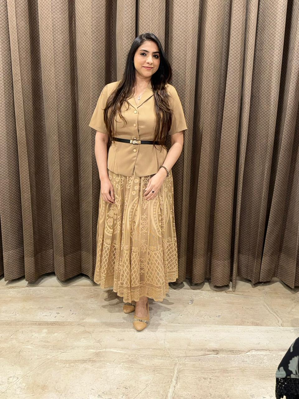 Designer brown skirt set with belt