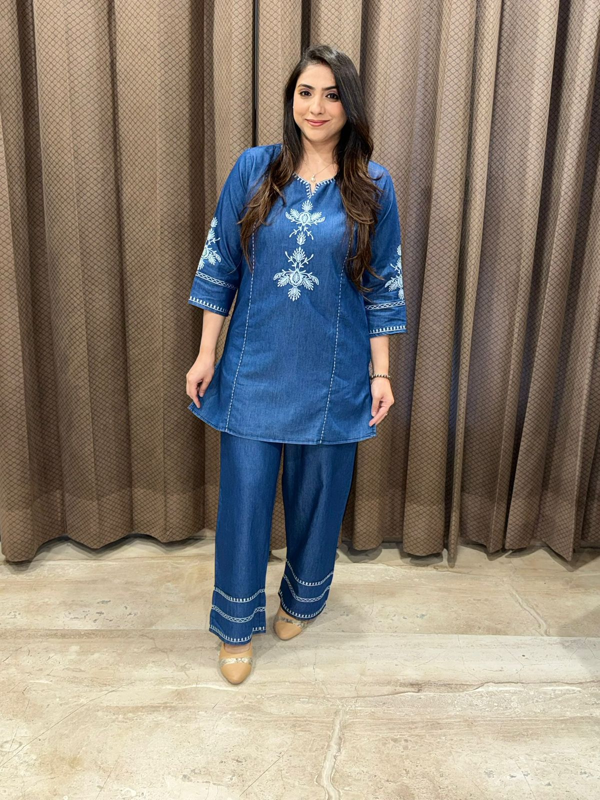 Smart blue cotton denim co-ord set with thread embroidery
