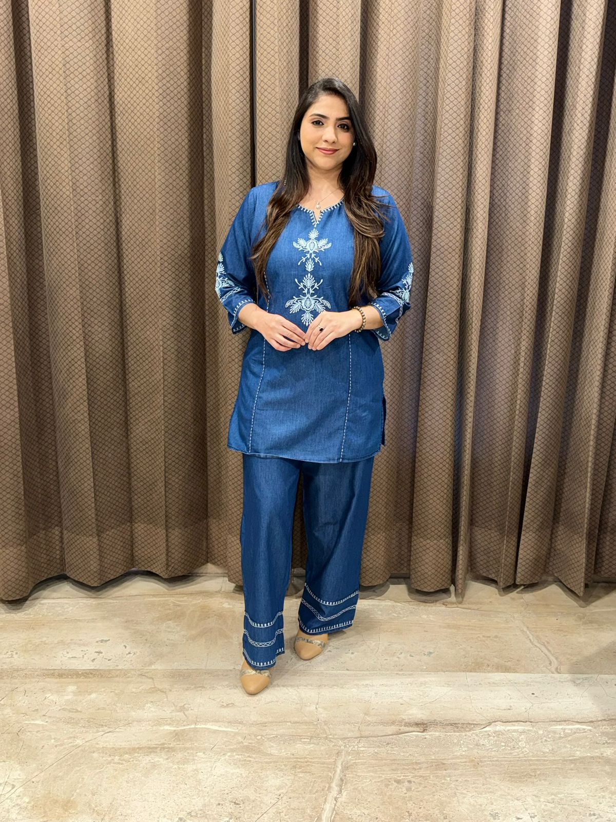 Smart blue cotton denim co-ord set with thread embroidery