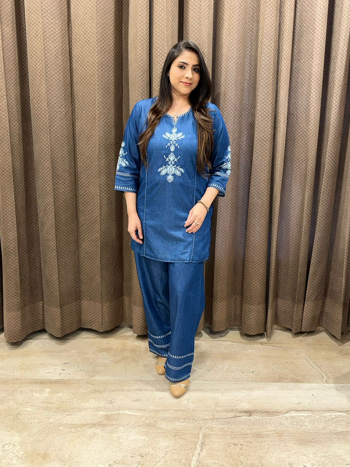 Smart blue cotton denim co-ord set with thread embroidery