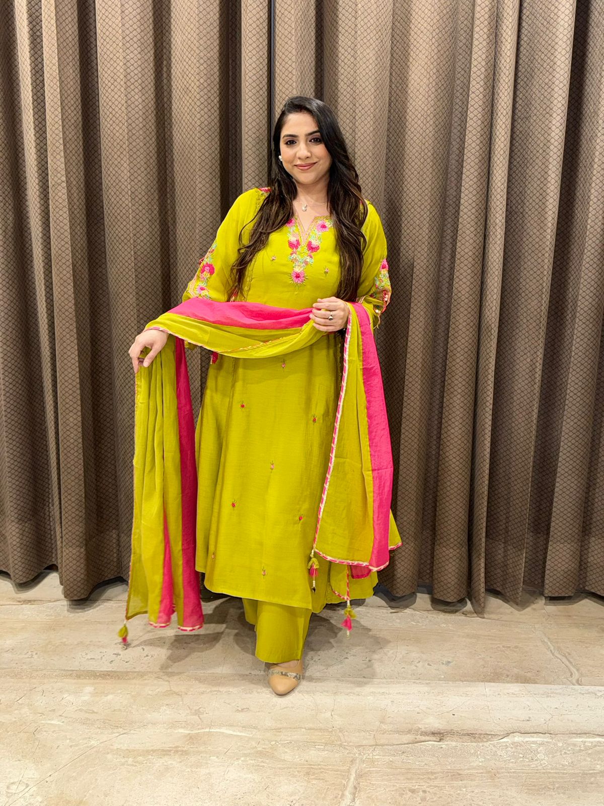 Elegant Green & pink A line handwork suit set with dupatta & pockets