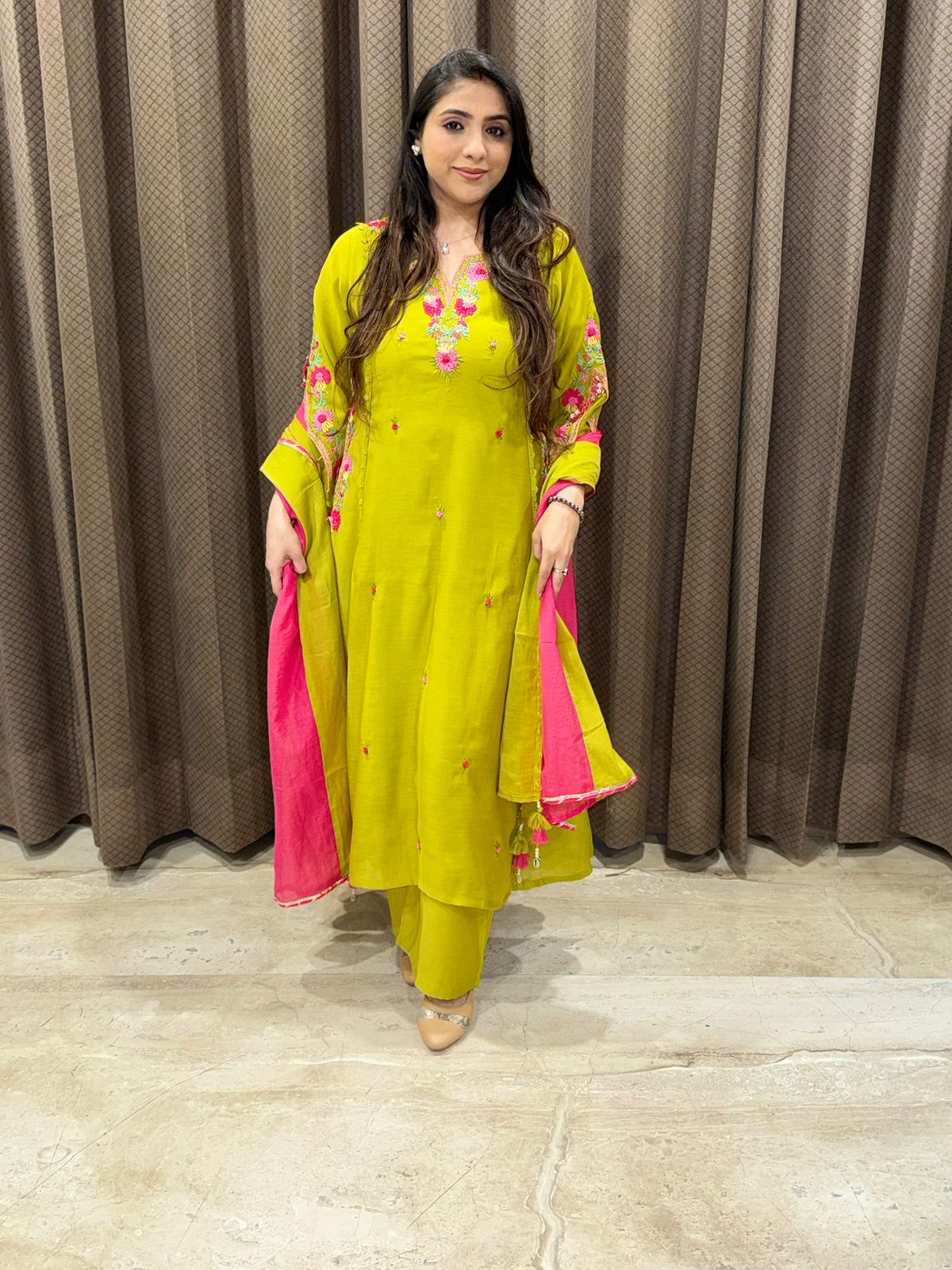 Elegant Green & pink A line handwork suit set with dupatta & pockets