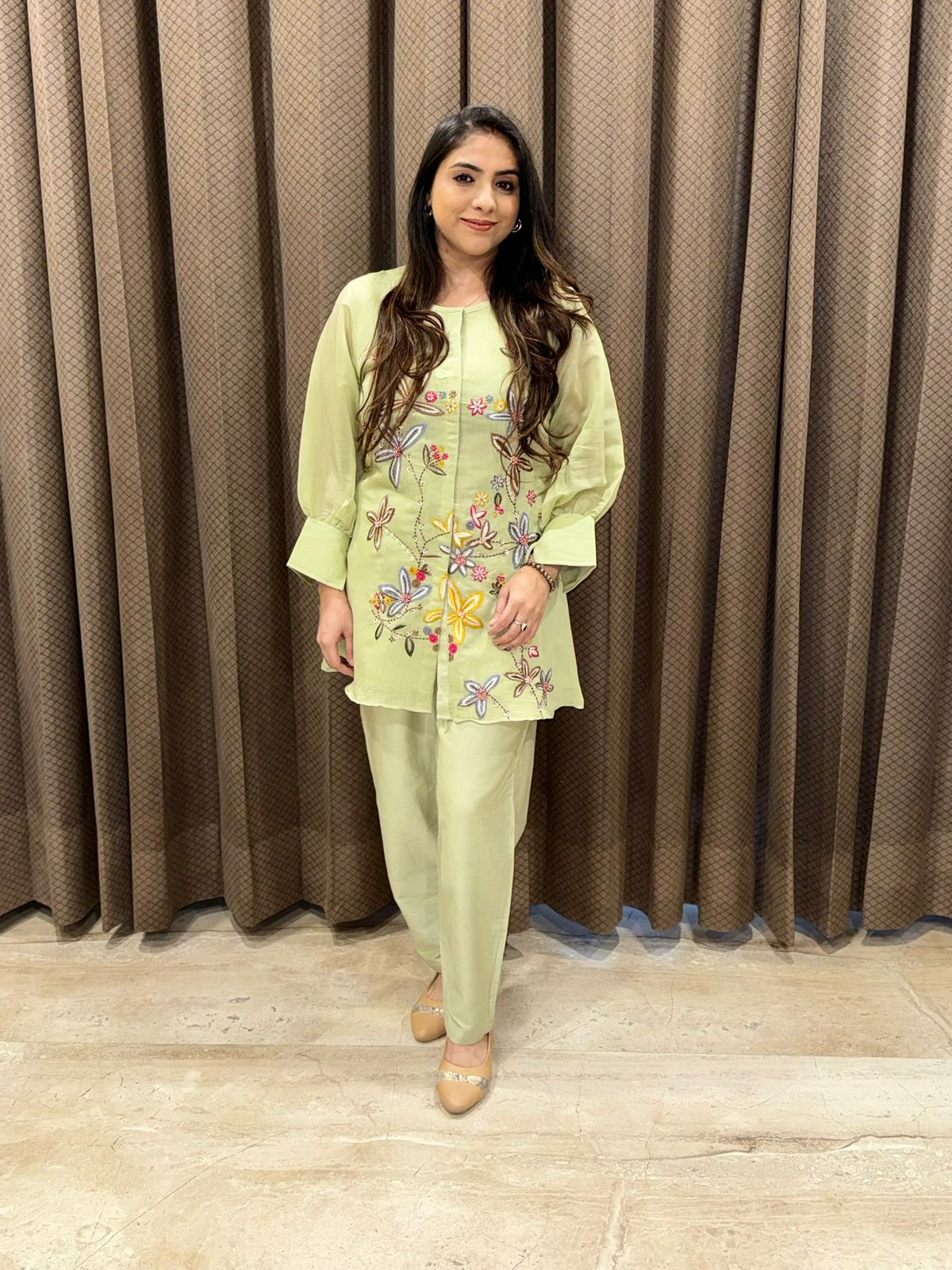 Elegant Green bloom Embroidered Coord set with handwork deatiling