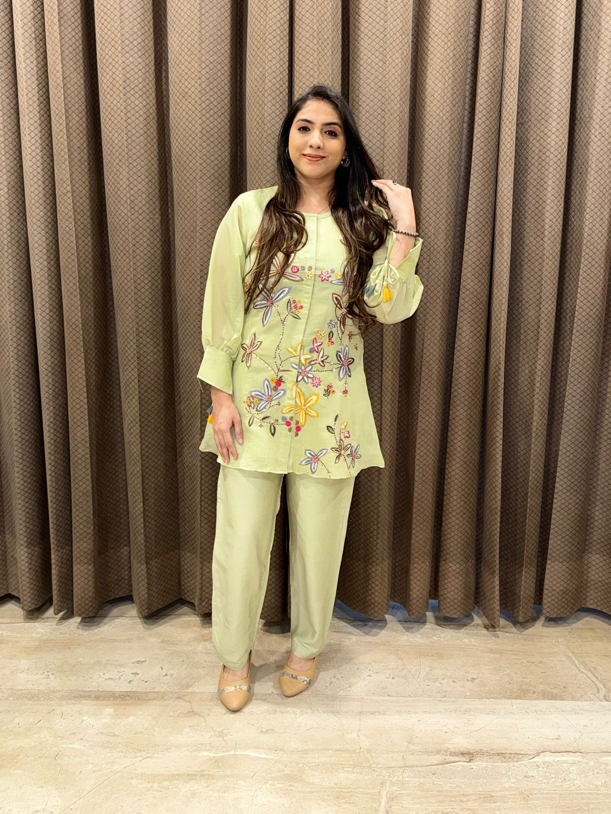 Elegant Green bloom Embroidered Coord set with handwork deatiling
