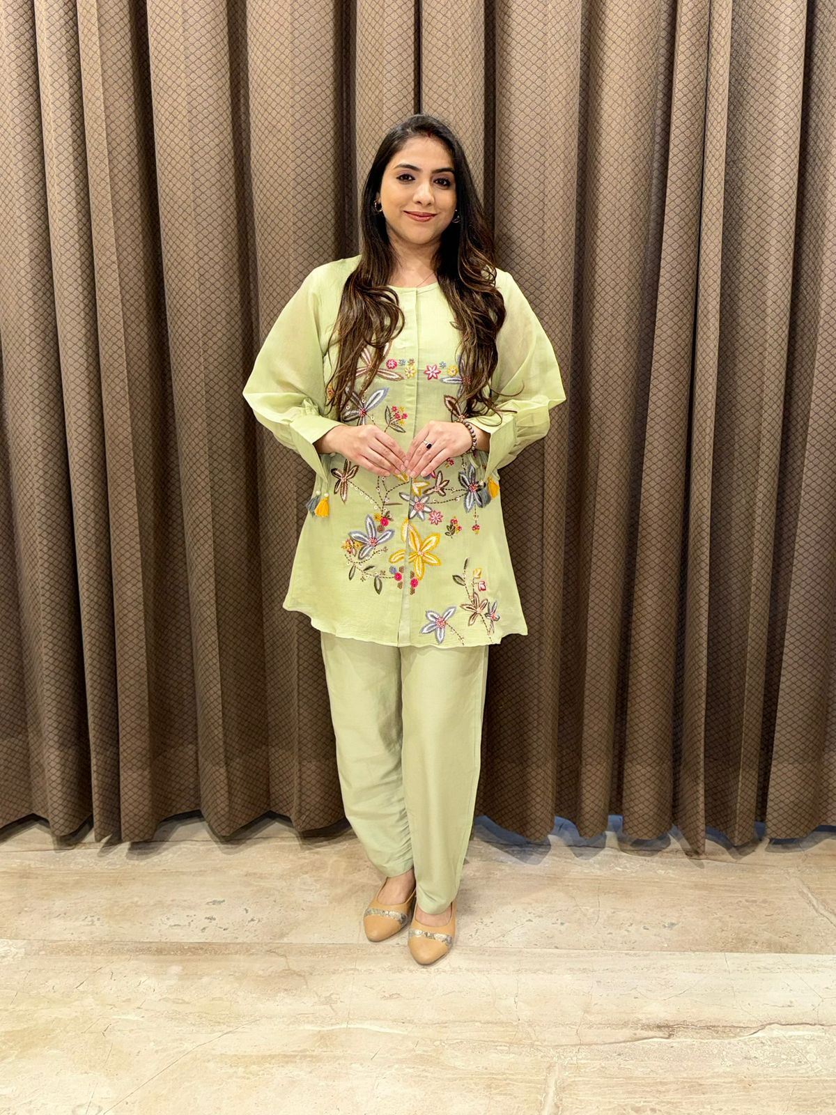 Elegant Green bloom Embroidered Coord set with handwork deatiling